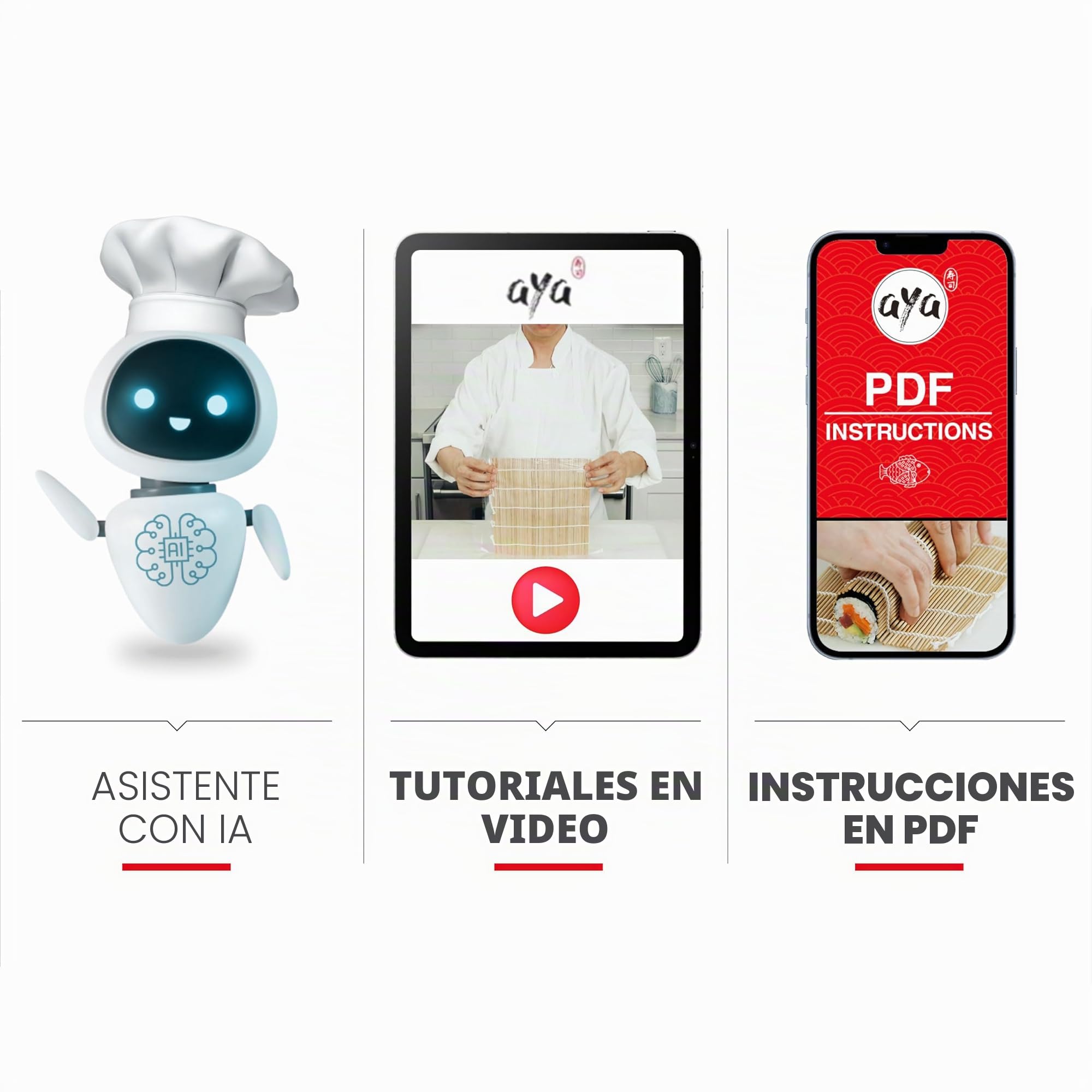 Aya Sushi Maker 3 - Asistente de IA - Recetas - 25 Piezas - Utensilios Para Hacer Sushi - Tutoriales En Vídeo - Kit Con Cuchillo De Sushi y Estera de bambú - Fácil Y Divertida - Maki Nigiri