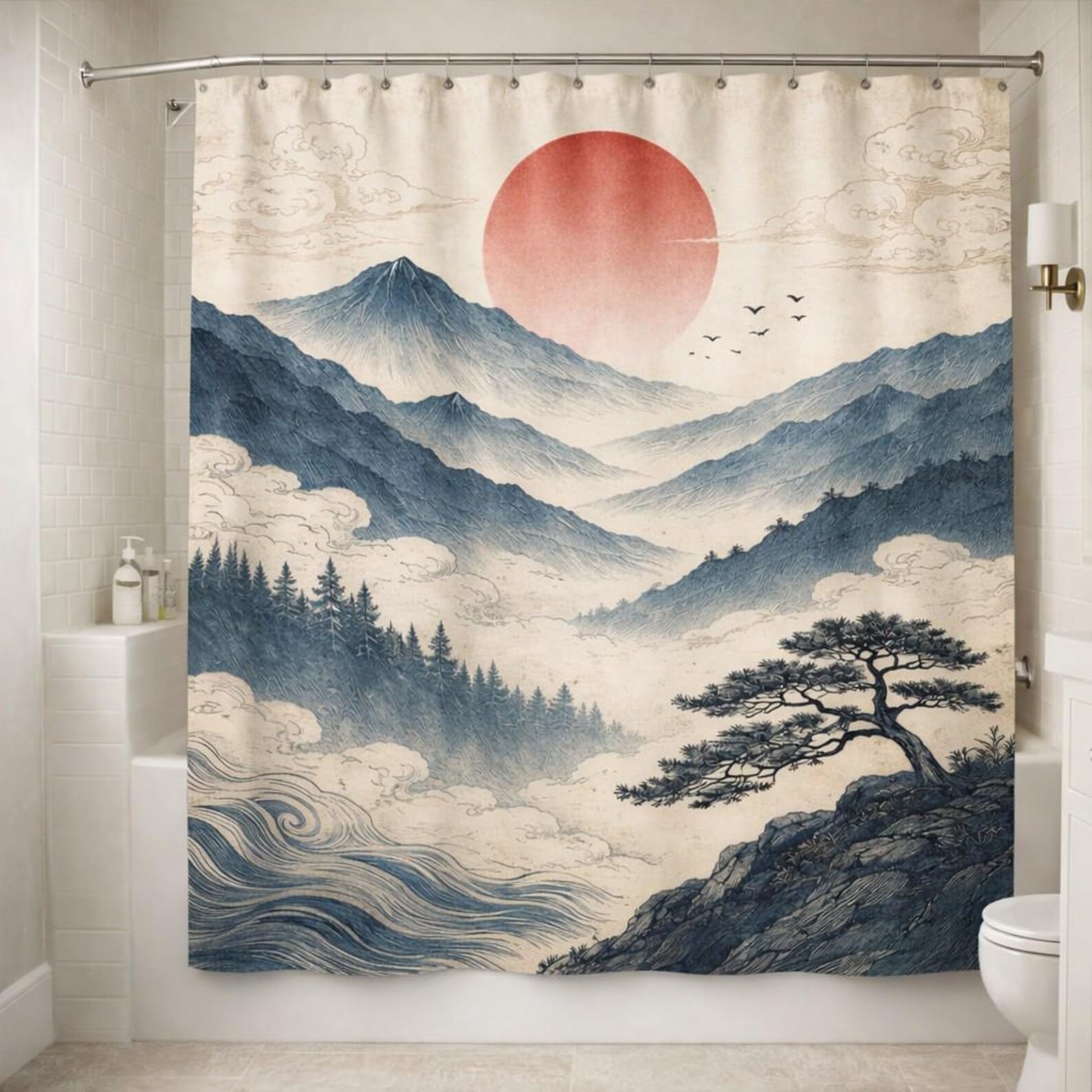 LMYCHENG Ukiyo-e Japanese Shower Curtain, Vintage Mountain Landscape Bath Curtain, Red Sun Bathroom Decor, Zen Asian Wall Art(180x180cm/71x7in(WxH)/)