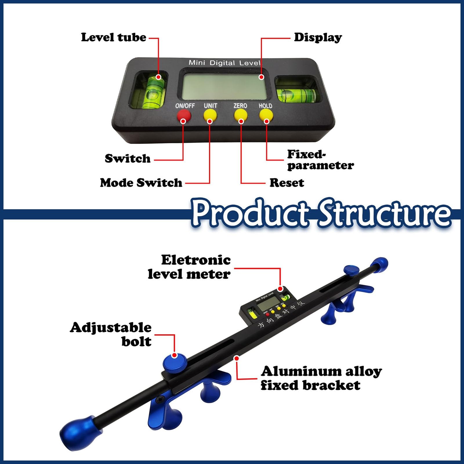 Strumento Di Allineamento Del Volante Dell'auto, Allineatore Di Livellamento Digitale Per Il Posizionamento Delle Quattro Ruote, Indicatore Elettronico Con Staffa Regolabile Da 19-37 Cm E Schermo