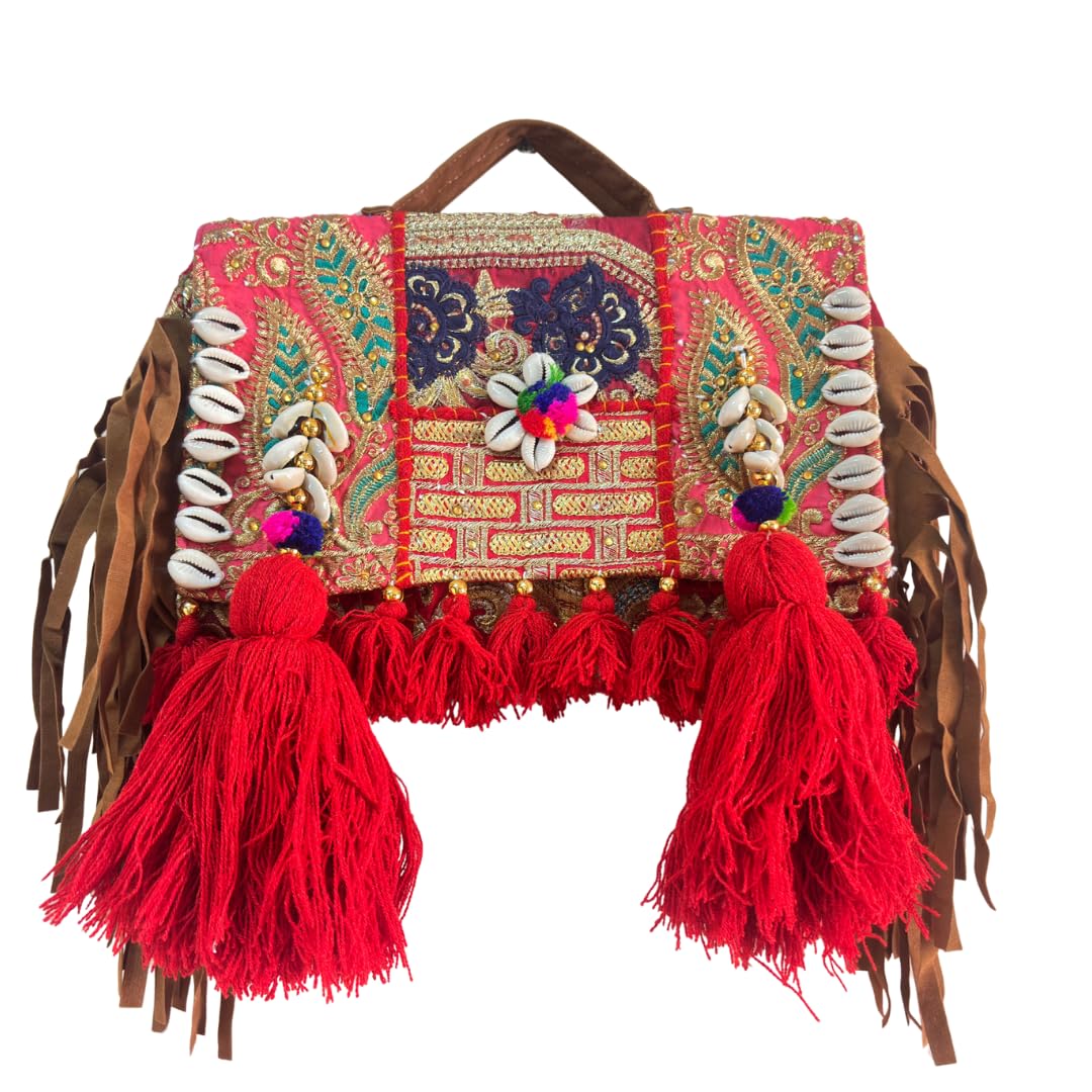 The House of RajPadmini Handmade Banjara Crossbody Bag | Embroidered with Tassels (Red)