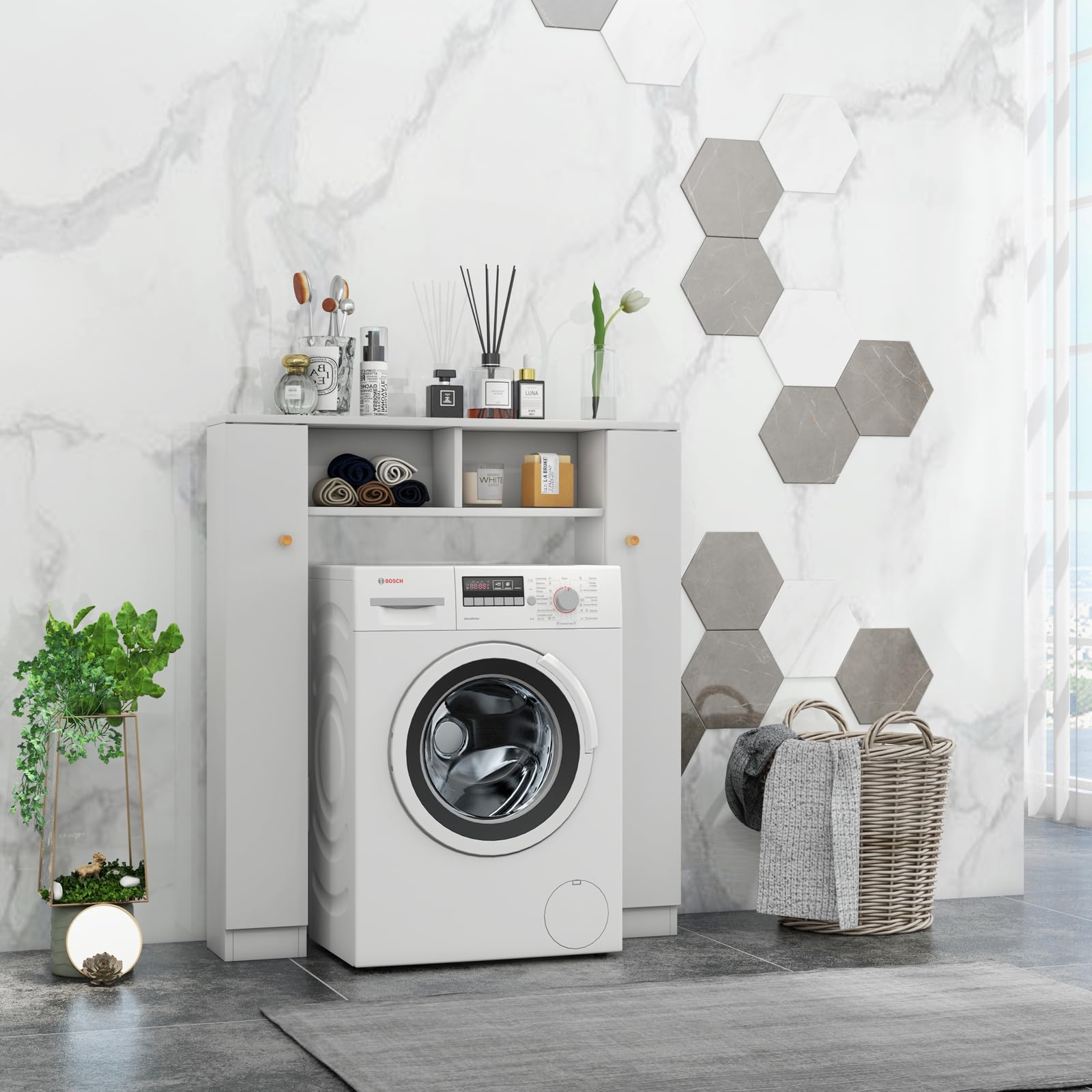 GOPLUS Mueble para Inodoro con estantes Superiores al Inodoro, Organizador de Almacenamiento Independiente de baño con Puertas Dobles y 4 estantes Ajustables (Blanco)