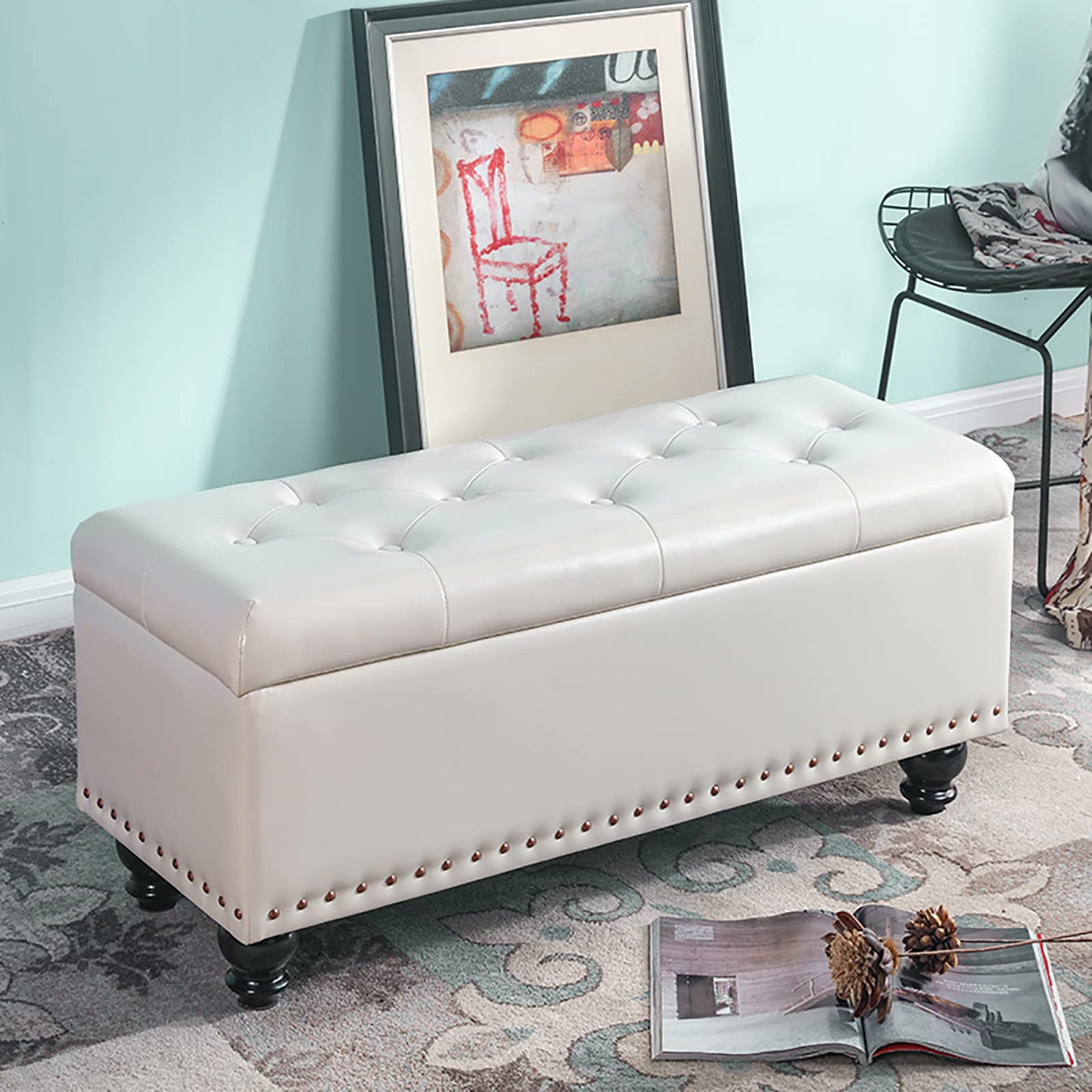 Banc de rangement en similicuir beige capitonné, assise haut de gamme 80x40x43 cm