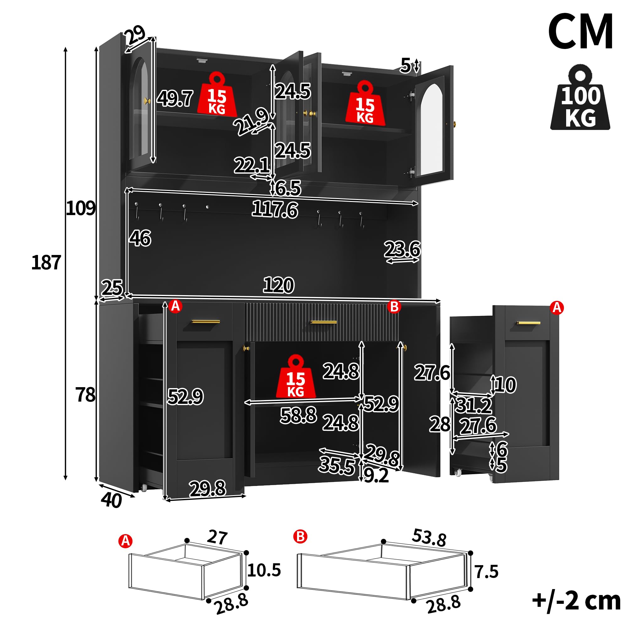 Buffet Cuisine Rangement 120 cm, Armoire de Cuisine Haute Modulable avec LED RGB et App, 3 Vitrines en Verre, Tiroirs, Étagères Coulissantes – Vaisselier Moderne pour Salon, Salle à Manger et Cuisine