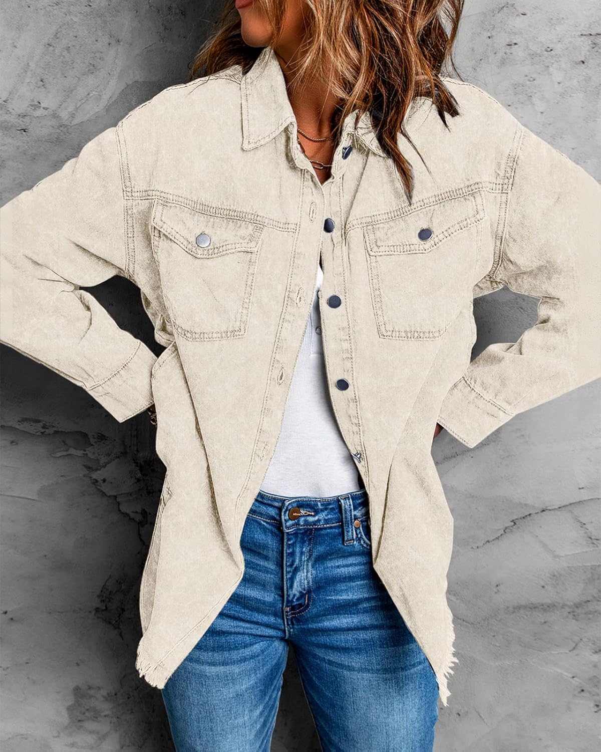 Vetinee Women’s Oversized Button Up Frayed Hem Shacket Long Sleeve Pockets Denim Jean Jacket