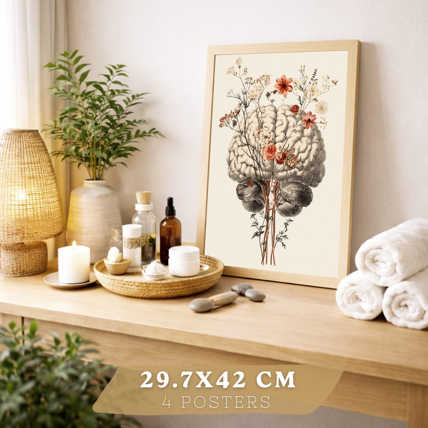Nacnic Set Di 4 Stampe Anatomia Umana Poster Decorativi E Quadri Con Fiori Corpo Completo Cervello Mano E Cuore Stile Moderno Decorazione Da Parete Medica Dimensione A3 Telaio In Legno Chiaro