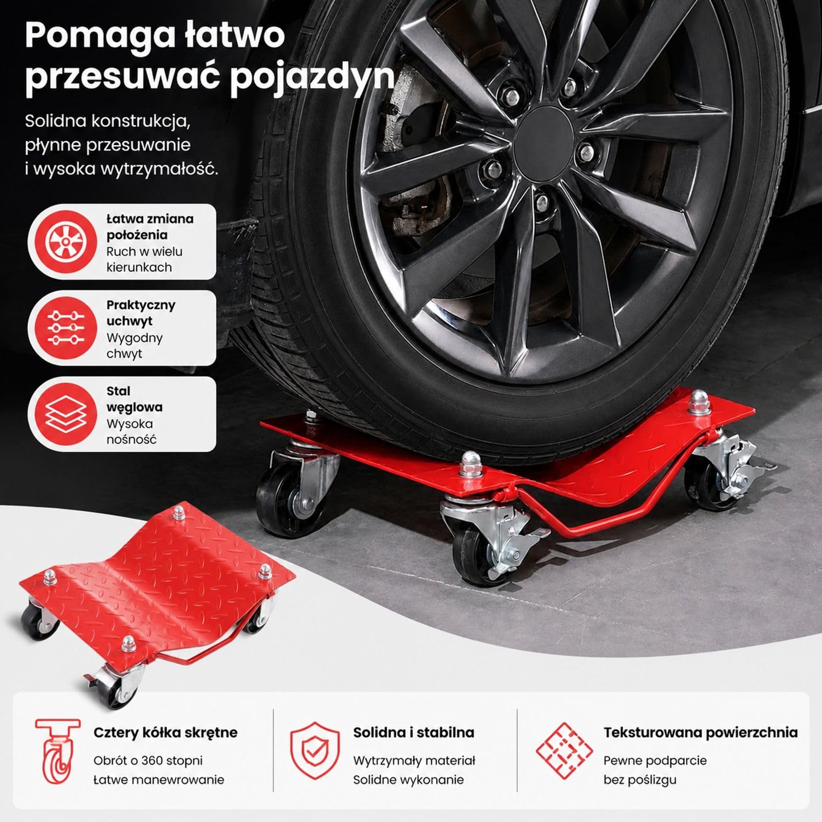 Zestaw wózków pod koła, 4 sztuki, 3600 kg, podpory opon do przemieszczania samochodu