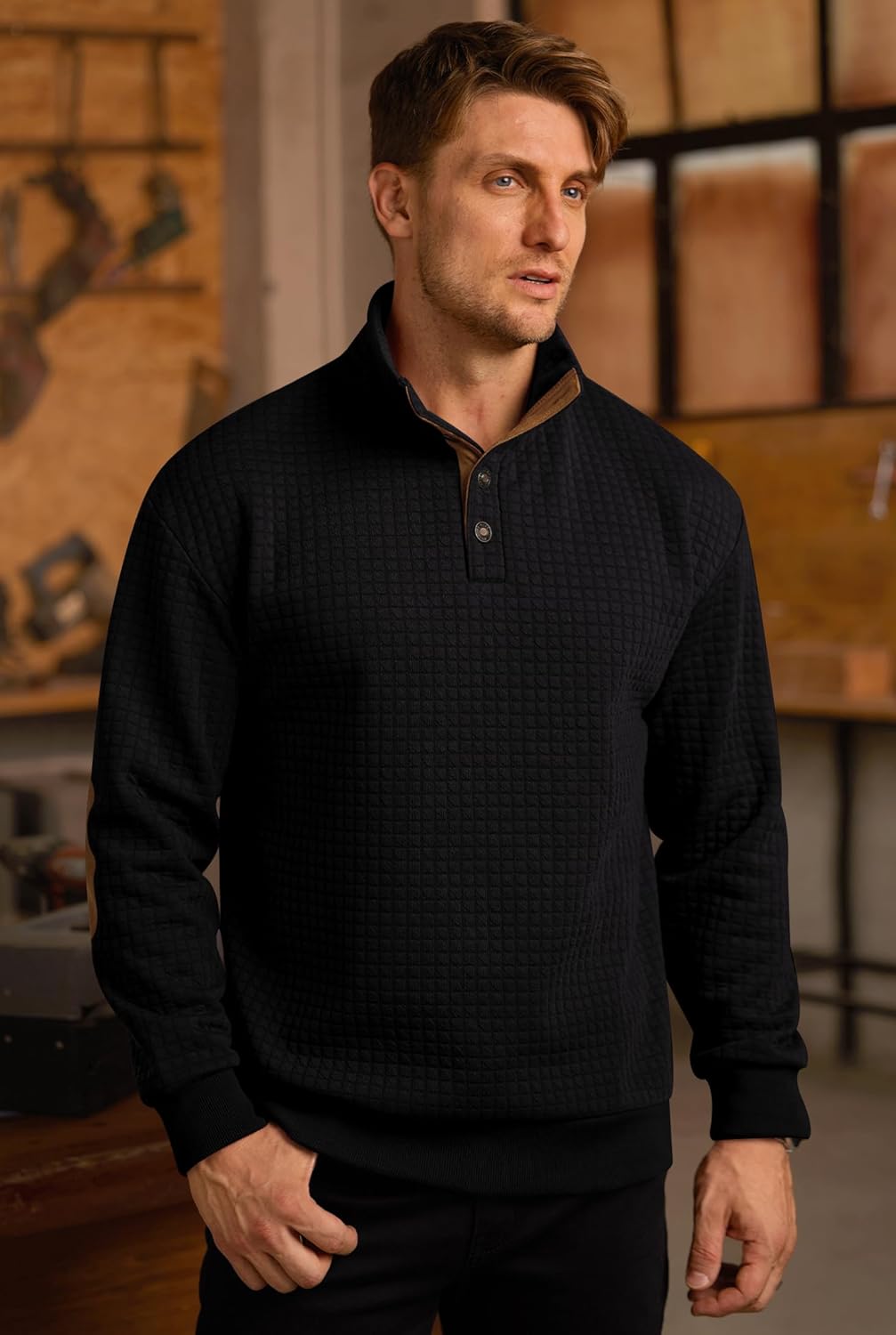 Man Casual Western Shirts Long Sleeve Cozy Pullover Quarter Thick Ribbed Corduroy Winter Stand Collar Fluff Heavyweight Classic Warm Color Block Elbow Patches Sweater Black - Waffle M - Image 3