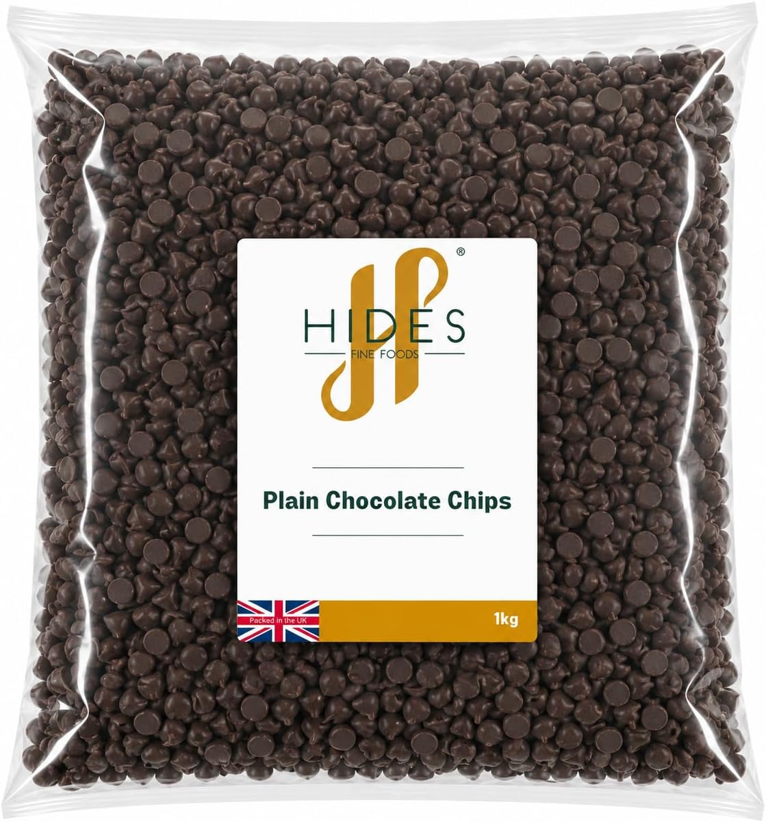 Hides Fine Foods - Dark Plain Chocolate Chips -1kg - GMO - Free - Suitable for Vegetarians - Baking - Desserts - Cookies - Muffins - Cakesicles - Cakes - Cupcakes -Tempering - Chocolate Mocha
