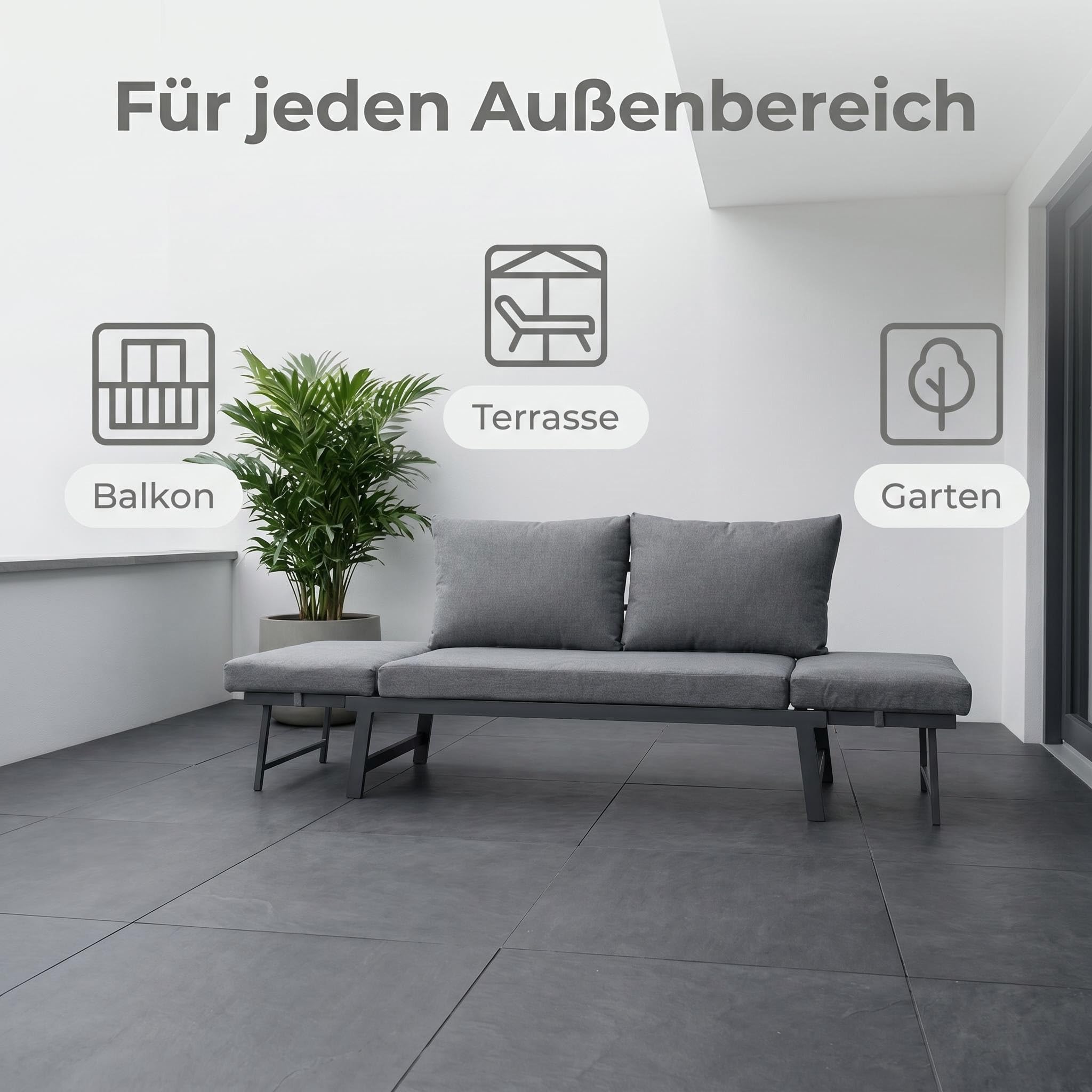 Klappbares 4 in1 Garten-Loungesofa mit Verstellbarer Rückenlehne und abtrennbarer Seitenliege, wetterfestes Stahl-Textilene-Gestell inklusive dickem Polyester-Kissen, geeignet für Terrasse