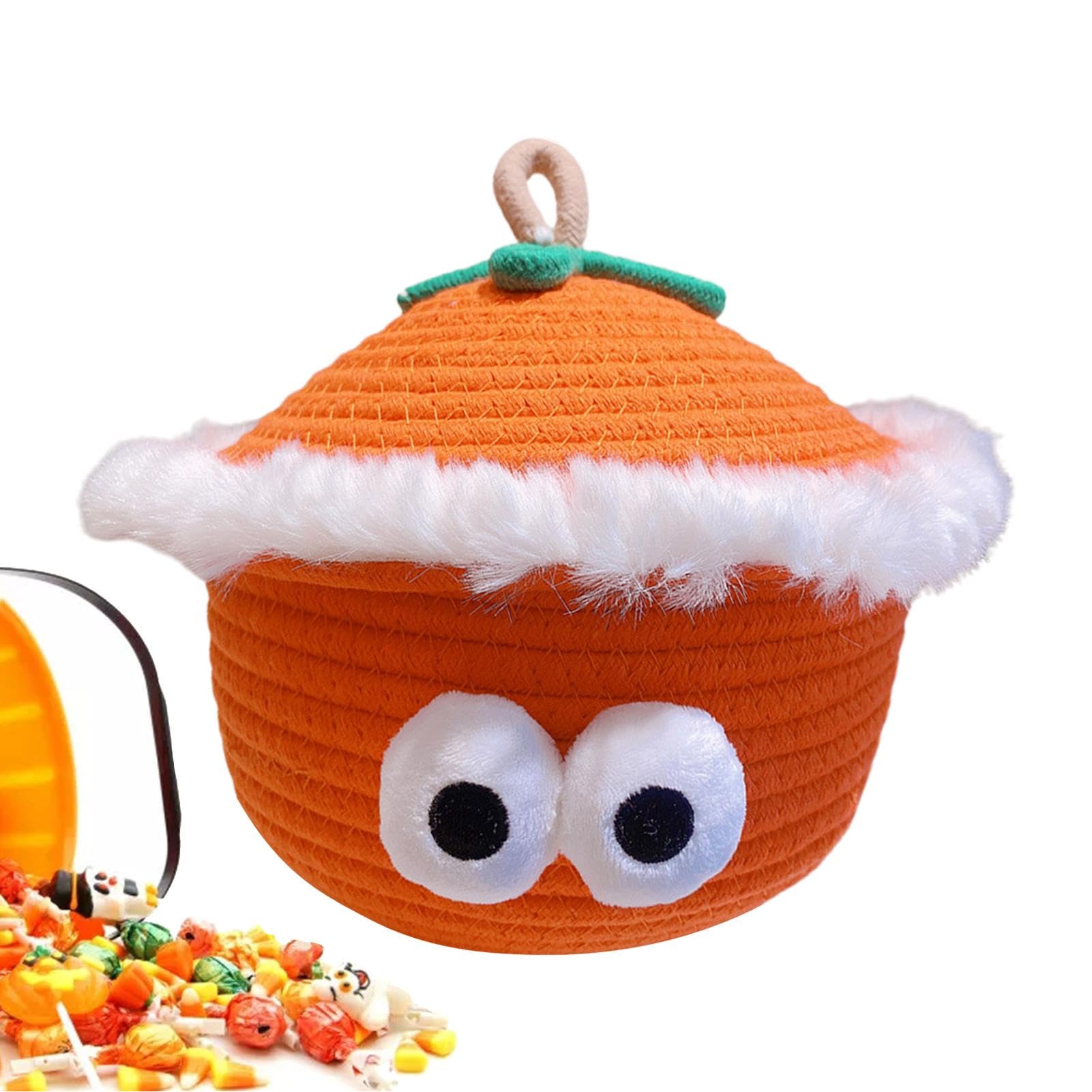 Halloween Woven Pumpkin Basket, Pumpkin Weave Rope Round Storage Basket with Lid, Decorative Pumpkin Round Cotton Rope Storage Basket, Orange Woven Rope Basket, Trick or Treat Bucket