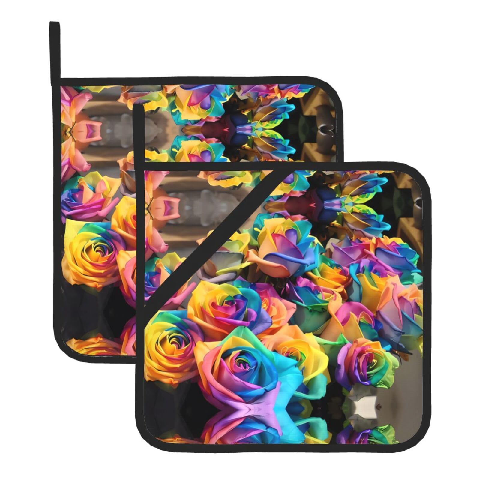 HJFCZH Roses Flowers Prints Square Hot Pads for Kitchen - Waterproof Heat Resistant Potholders, Thick Trivet Covers with Hanging Loops, Oven & Grill Dish Protectors (2-Pack)