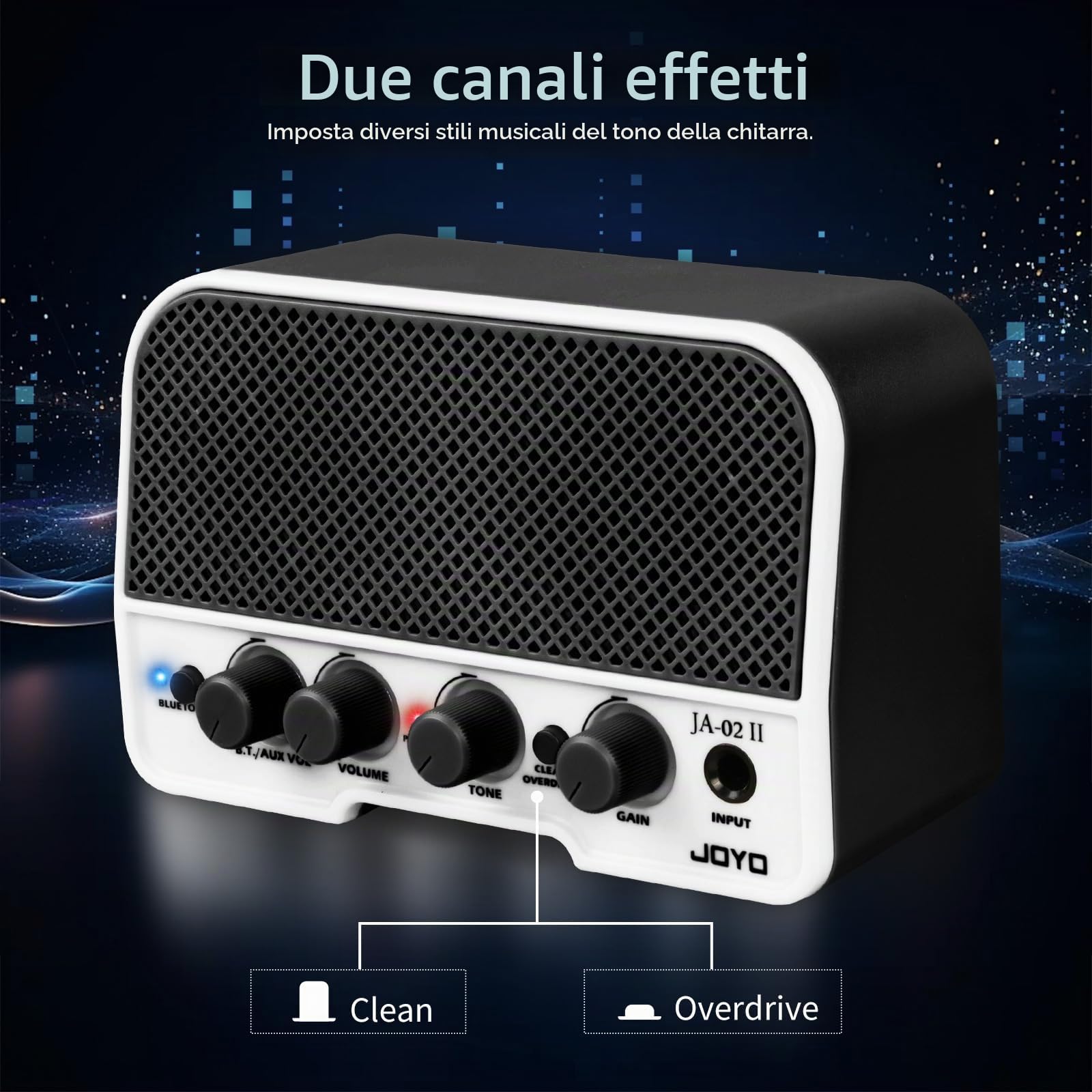 JOYO Mini amplificatore per chitarra 5W Amplificatore per chitarra elettrica Piccolo amplificatore per chitarra con canali Bluetooth Clean e Overdrive Ricaricabile portatile (JA-02 II Nero)