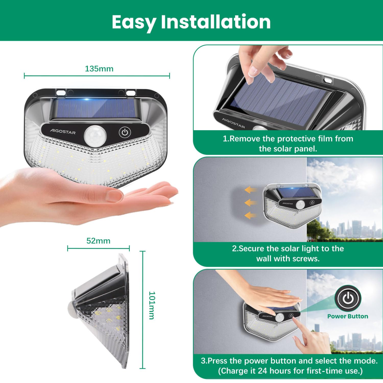 Aigostar Luz Solar Exterior,8 Paquete, 3 Modos, 270° Súper Brillante,Focos Led Exterior Solares con Sensor de Movimiento, IP65 Impermeable luces Solares para Jardín,Patio,Garaje,6500K