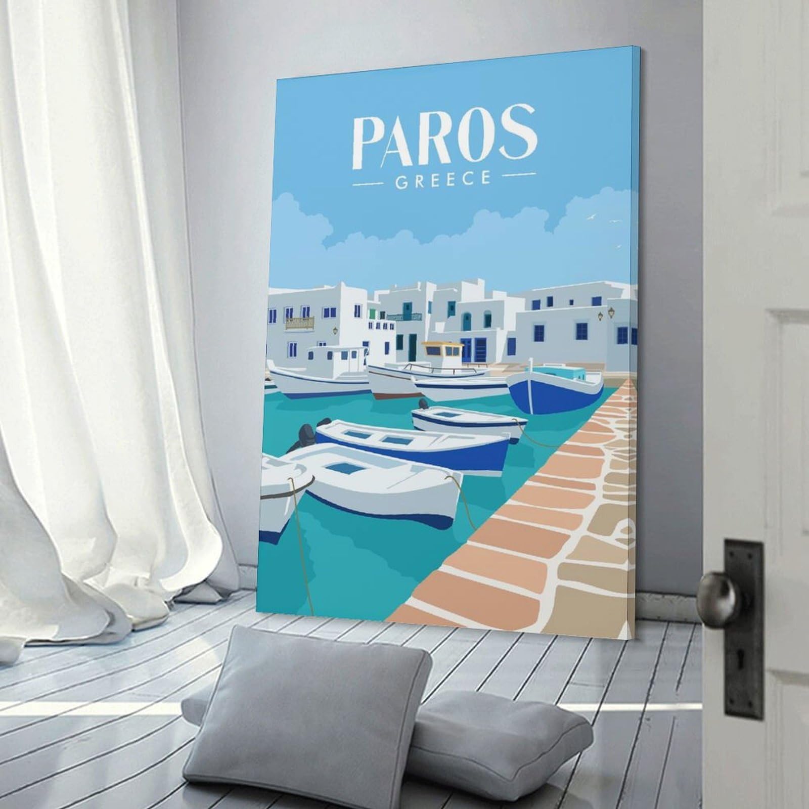 Junmoney Paros Greece And Boat Decorative Wall Artwork 20x30inch(50x75cm), for Living Room, Lounge Or Sitting Room, A Home Accent with Warm Character