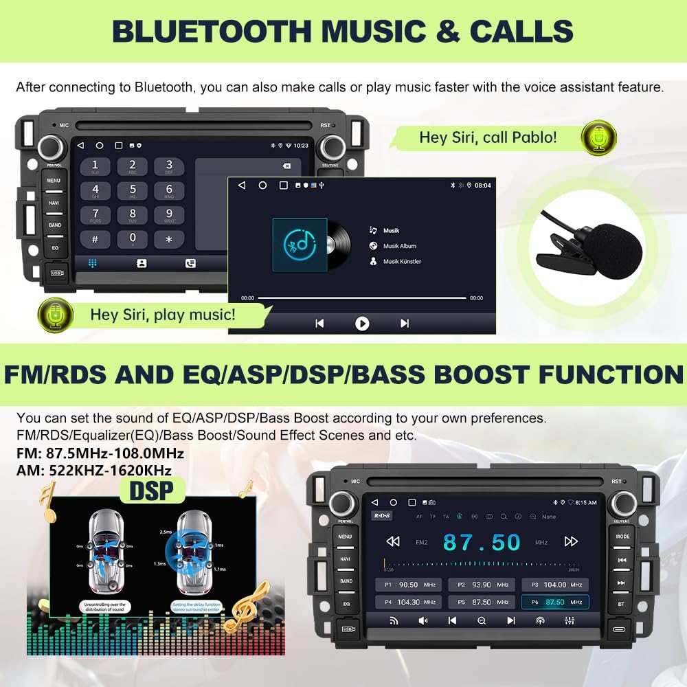 Car stereo displaying Bluetooth music and radio interface