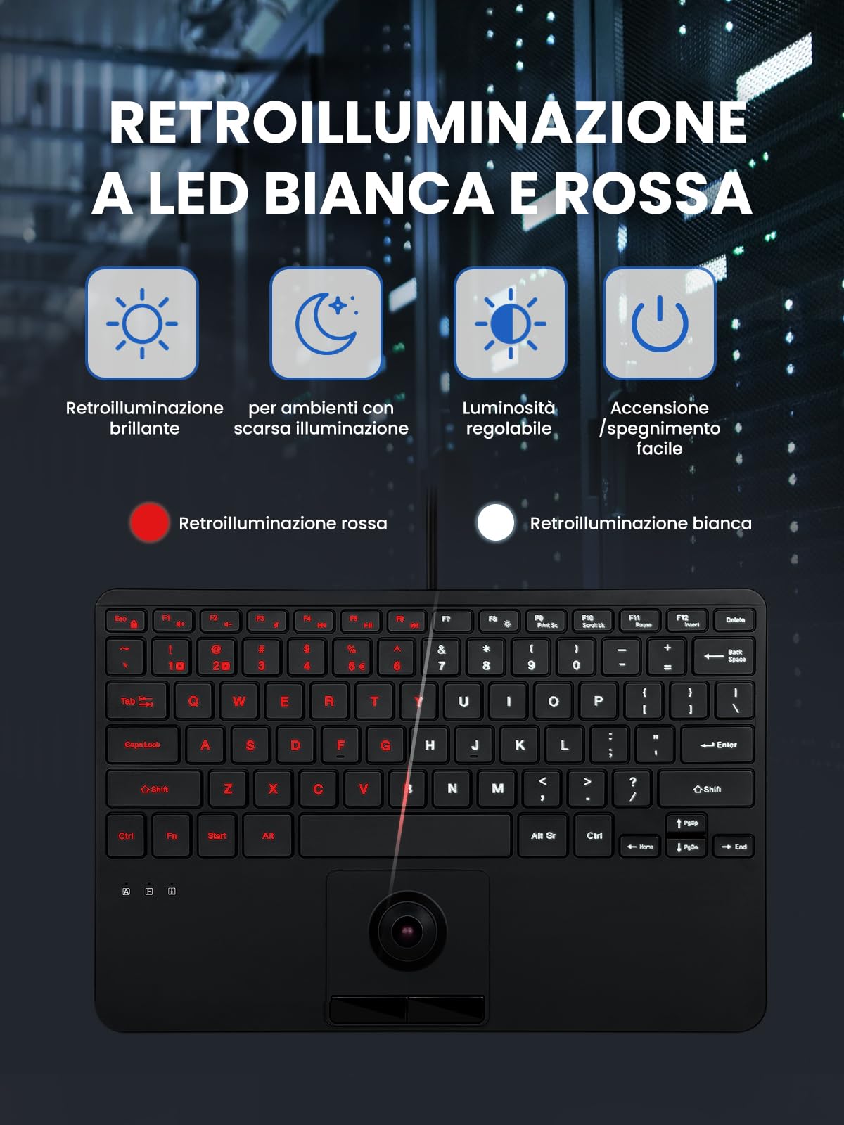 Perixx PERIBOARD-427 US, Tastiera USB cablata retroilluminata con trackball - Retroilluminazione bianca e rossa - Dimensioni compatte 11,18 × 7,17 × 1,1 pollici - 2 hub USB integrati - Layout italiano