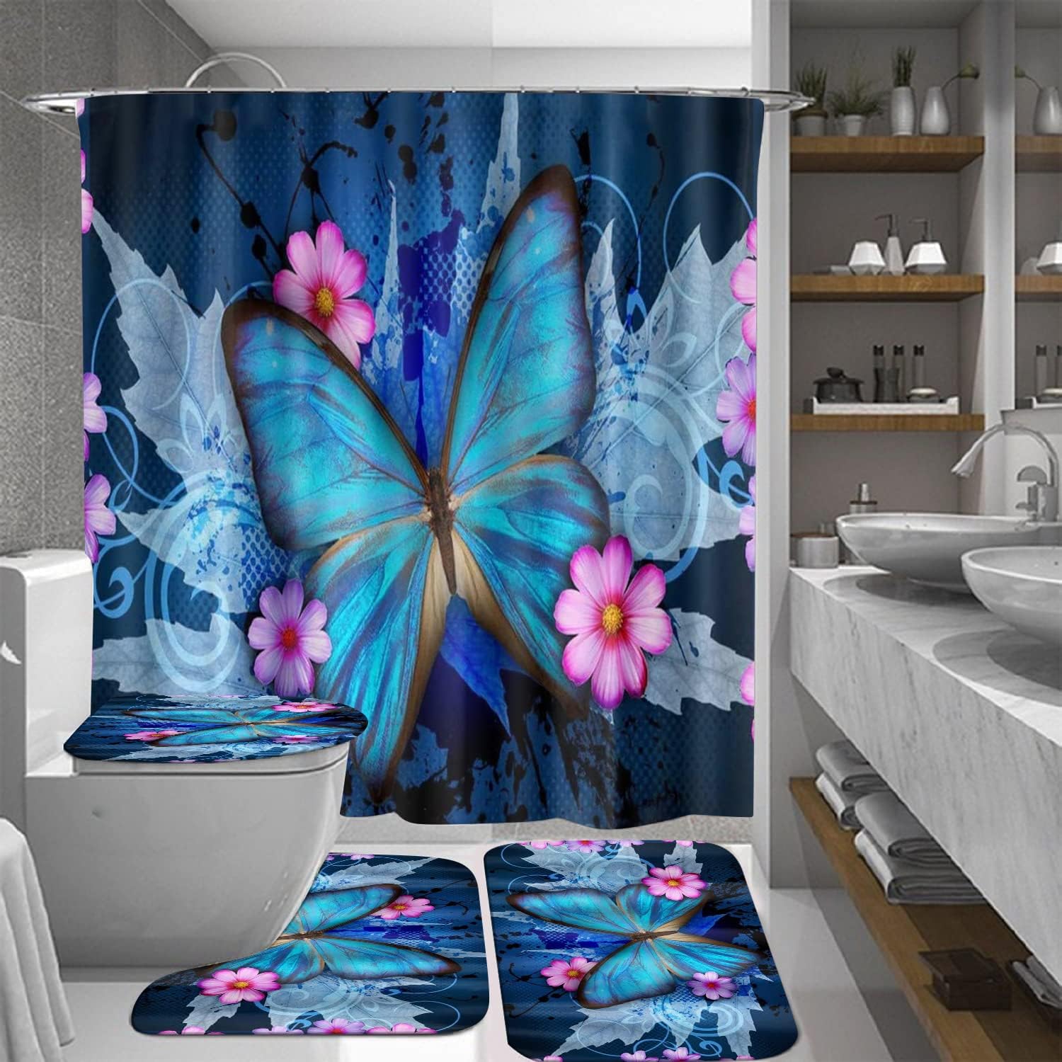 Blue Butterfly Shower Curtain Sets with Rugs,Toilet Lid