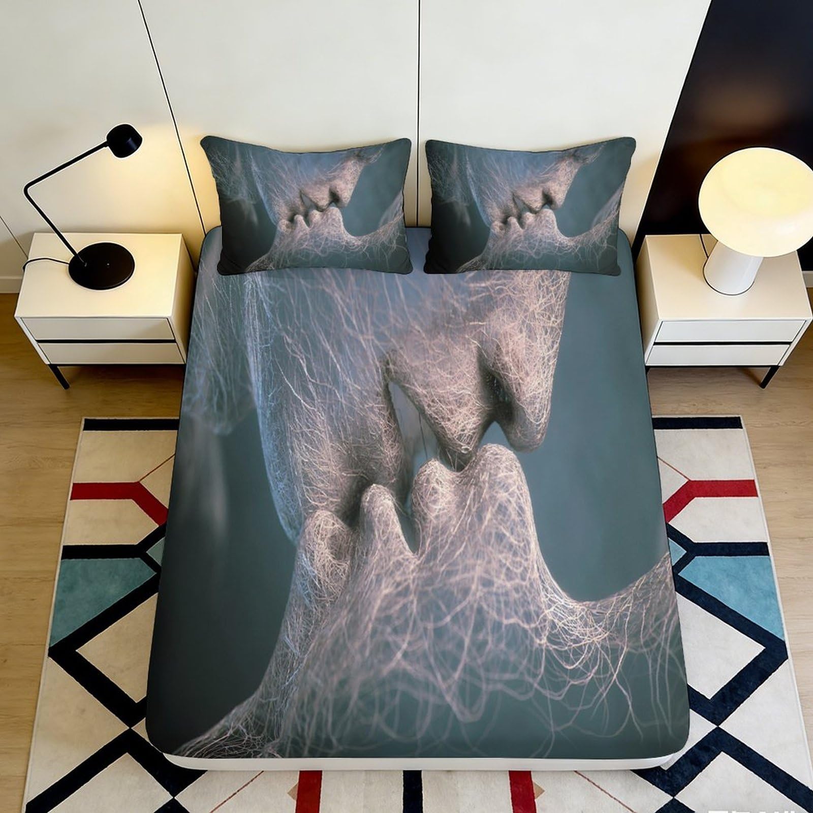 3D Printed Abstract Couple Fitted Sheet Microfiber Soft Breathable Artistic Bed Cover for Bedroom Dormitory Guest Room Mattress Protection Decor 160x200x25cm