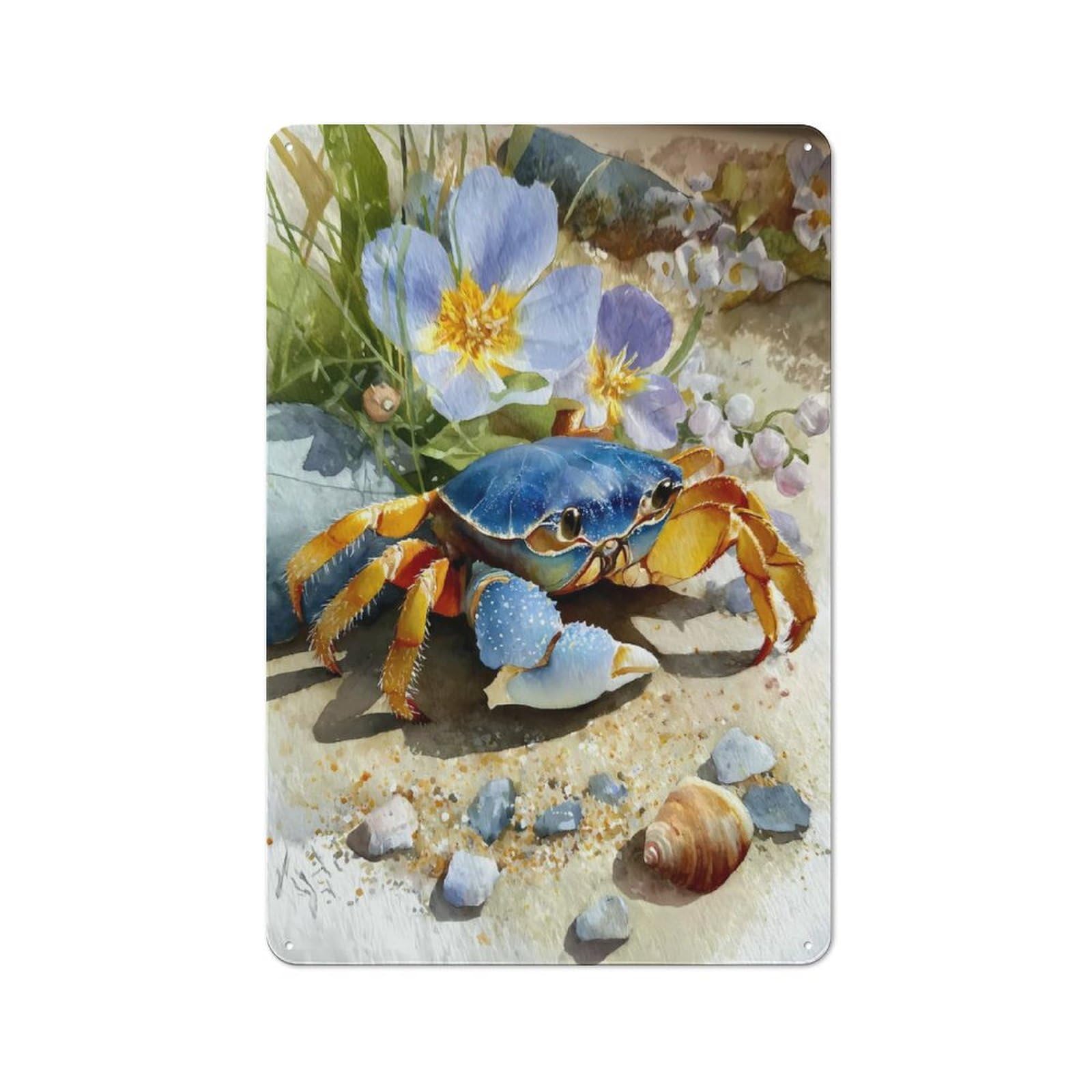 Junmoney Style-18 Man Cave Blue Crab Watercolor Painting Tin Wall Sign, Wall Decor For Workshop, Shed And Game Room, 30X20cm