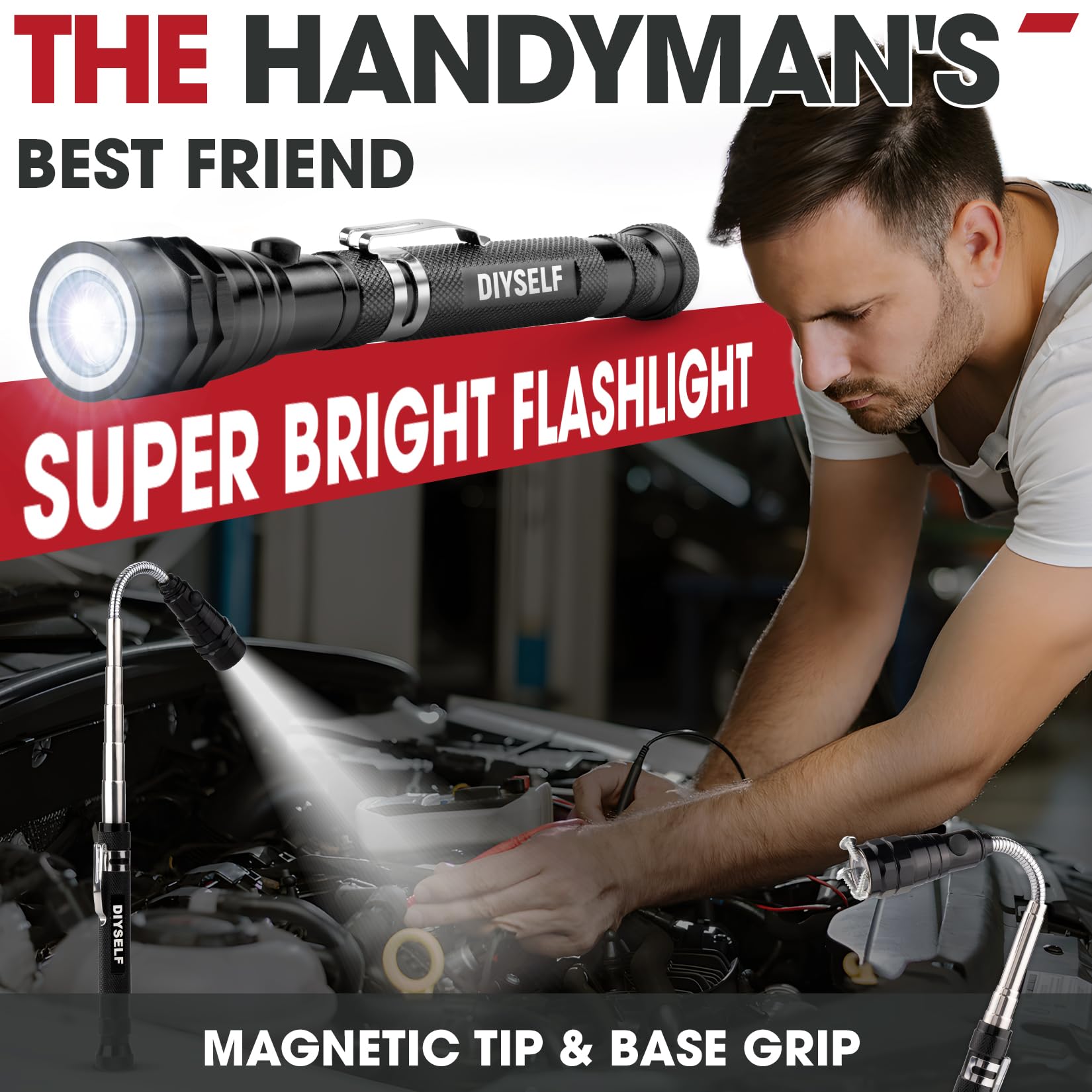 DIYSELF Telescoping Magnetic Pickup Tool, Inspection Mirror Telescoping, LED Flashlight, Telescoping Magnet Stick, Flexible Magnet Pickup Tool, Gadgets for Men, Cool Gifts for Dad, Husband, 5-in-1 Set