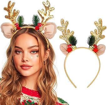 JEAIRTS Christmas Reindeer Antlers Headband Sequin Antler Ears Xmas Hair Band Cute Holiday Headbands Accessories for Women