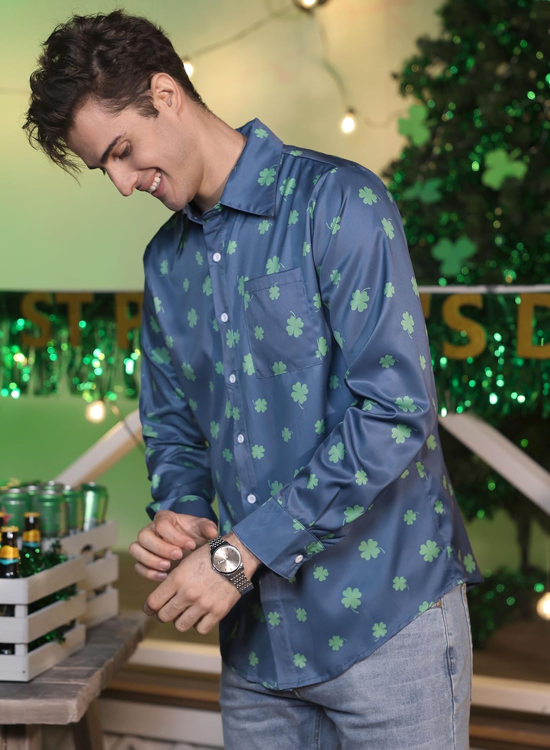 Arvilhill Mens St Patrick's Button Shamrock Clover Printed Long Sleeve Shirt (S-3XL) - Image 8