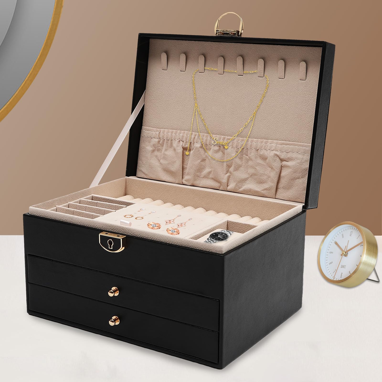 CHUOZI Watch Box 3 Layers PU Jewelry Large Storage Case Organizer with 2-Drawers (Black)