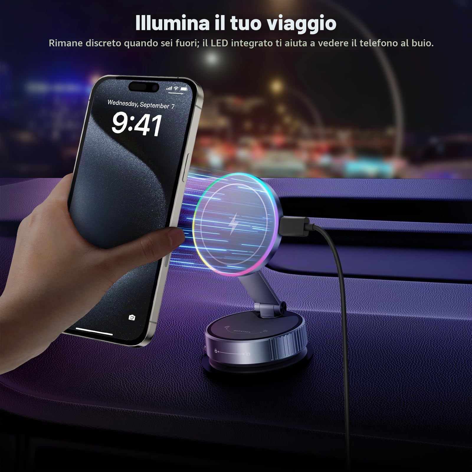 CloudValley per MagSafe Supporto Caricatore per Auto, Ricarica Wireless Rapida 15W e Ventosa a Vuoto Rotante 360°, Supporto Magnetico con Luce RGB per iPhone 17-12/Cruscotto/Parabrezza/schermo