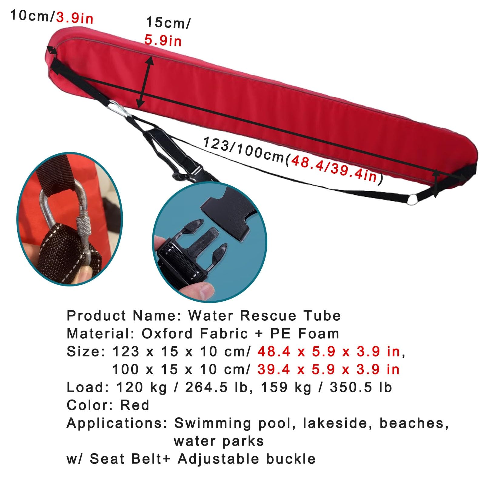 schwimmboje Rettungsschlauch Biegsames Wasserrettungsrohr, Blaue Orange Rote Rettungsboje für Schwimmbad Strände Seeseite Boote Yachten, Verstellbarer sicherer Schwimmtrainingsgürtel mit Pfeife(Red,Lx