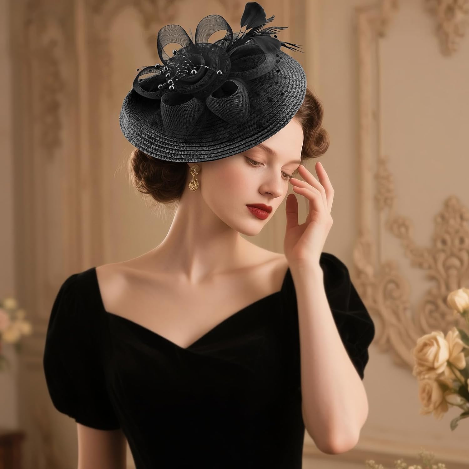 DRESHOW Fascinators Hat Flower Mesh Feathers Hat with a Headband and a Clip 7.9" Tea Party Headwear for Women - Image 2