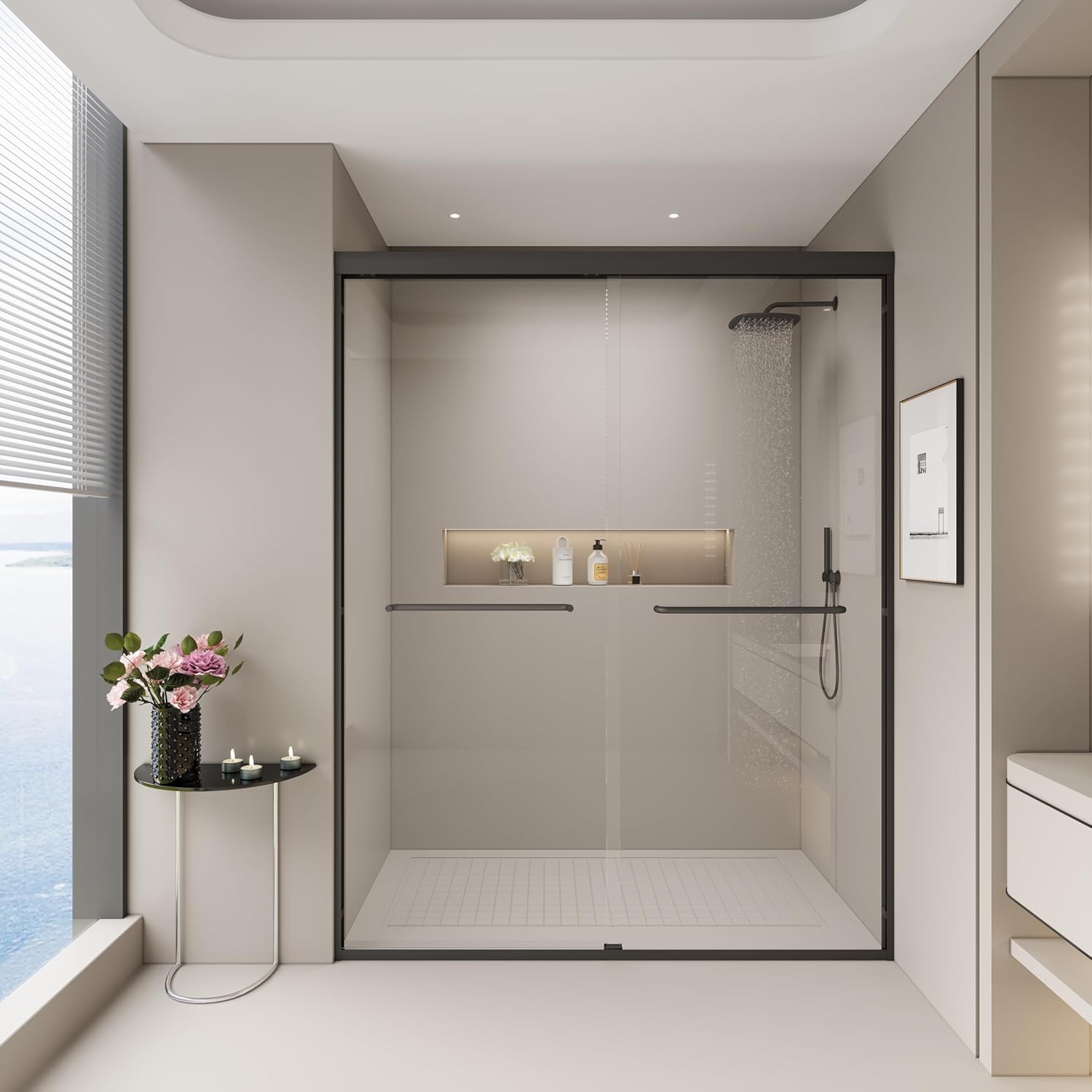 56-60 in. W x 72 in. H Semi-Frameless Double Sliding Shower Door, Tempered Glass Adjustable Width, Explosion-Proof Film, Walk-in Shower Compatible, Matte Black