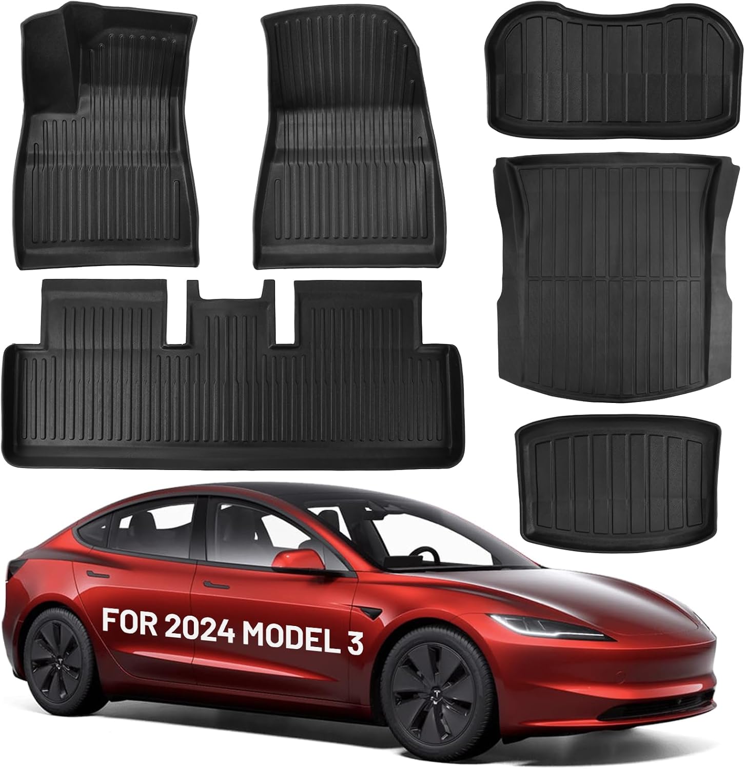 Floor Mats Fit for Tesla Model 3 2025 2024, Custom Fit Extra-Thick TPE All-Weather, Anti-Slip Interior Liners Waterproof Floor Liners Full Set of 6 For 2024 2025 Tesla Model 3