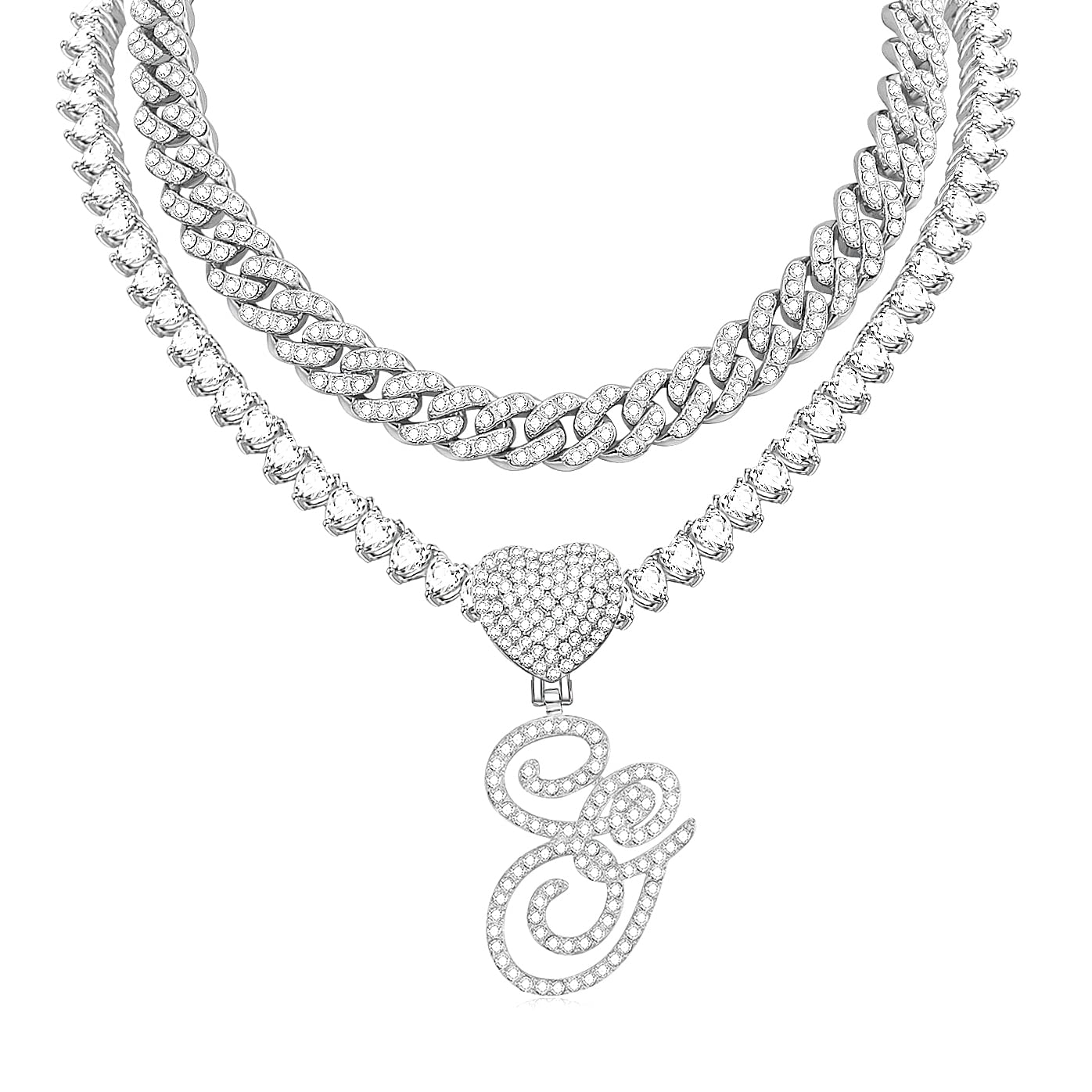 KOHOTA Gold Cuban Link Chain for Women Cursive Initial Pendant Necklace Layered Heart Shaped Zirconia Iced Out Chain Bling Necklace 24K Gold Plated Luxury Hip Hop Jewelry, Cubic Zirconia