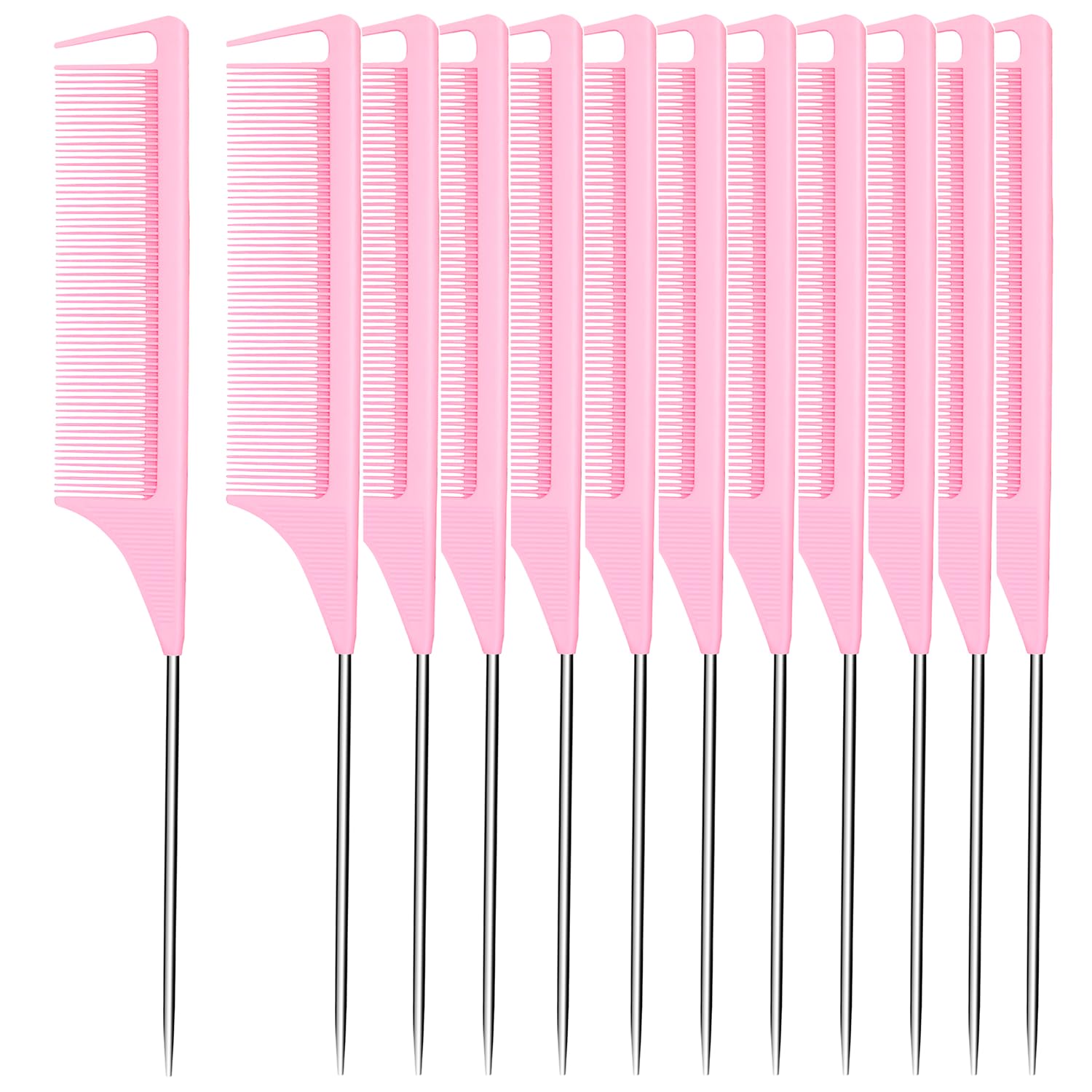 Lot de 12 peignes queue de rat pour tresser les cheveux en fibre de carbone résistant à la chaleur antistatique, pour séparer, séparer et coiffer les cheveux (rose)
