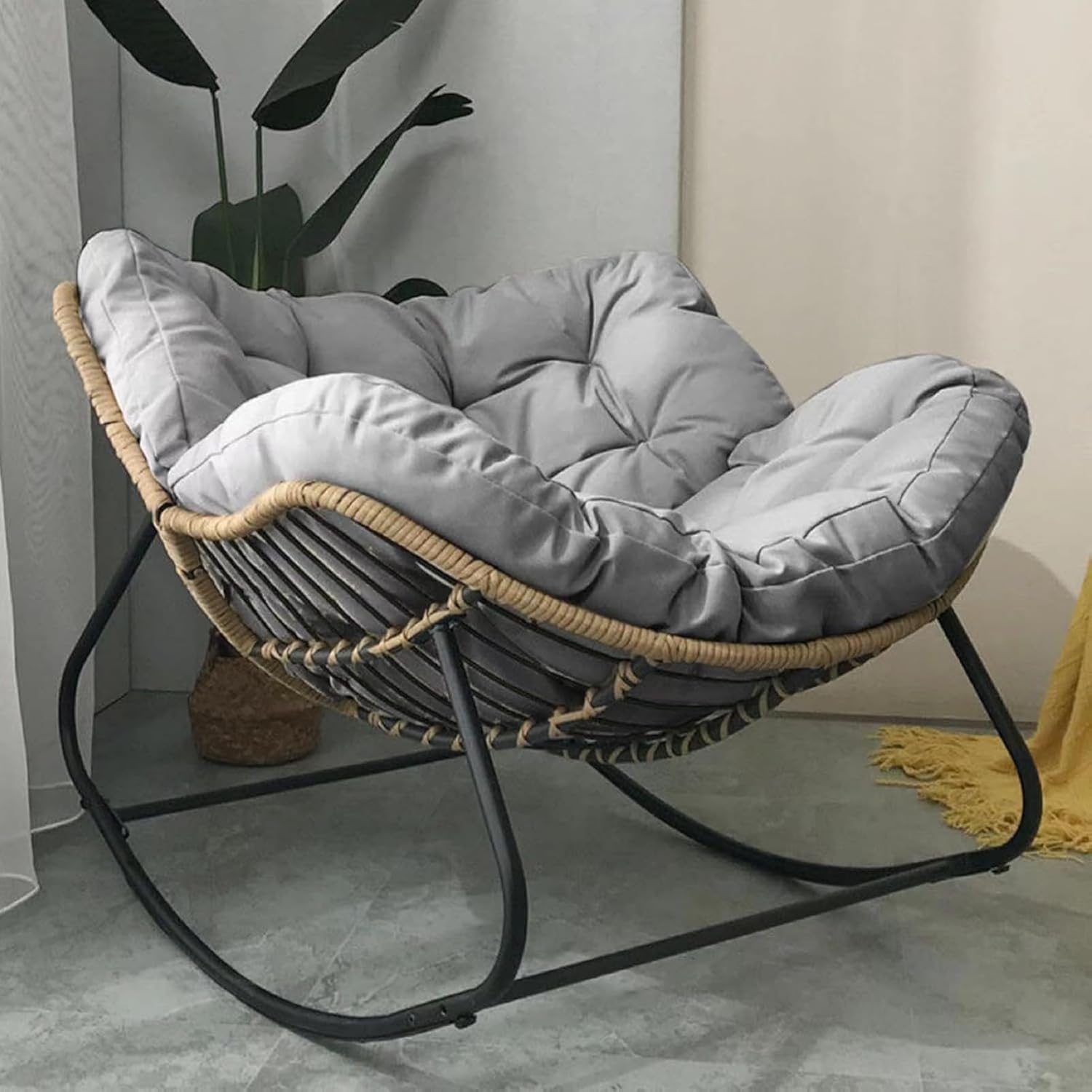 Papasan mecedora al aire libre con cojín acolchado, silla de ratán grande para interiores, marco de metal, soporte, silla moderna (gris claro)