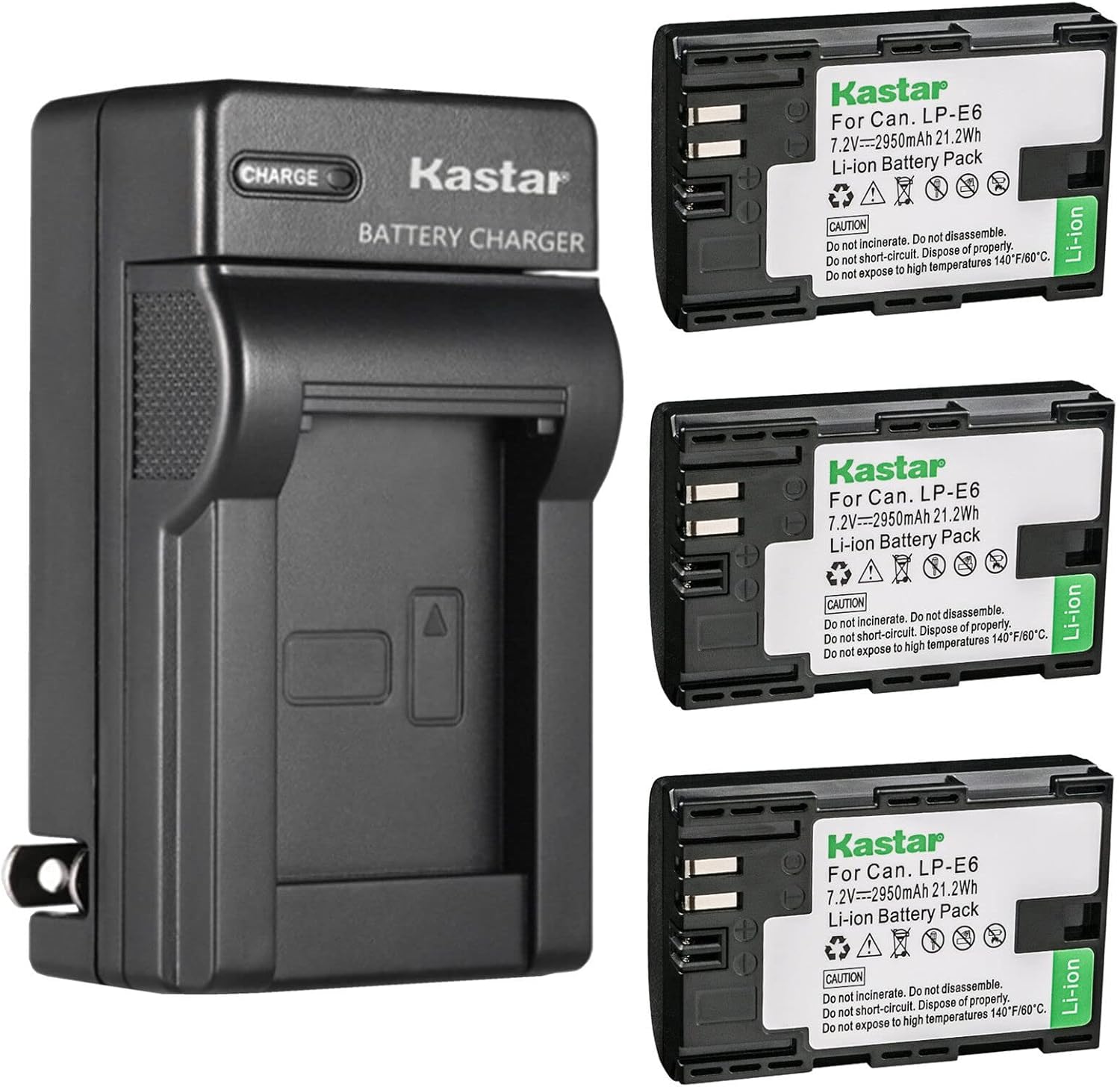 Kastar 3-Pack LP-E6 Battery and AC Wall Charger Replacement for Canon EOS 70D, EOS 80D, EOS 90D, XC10, XC15, Blackmagic Pocket Cinema Camera 4K, Blackmagic Pocket Cinema Camera 6K
