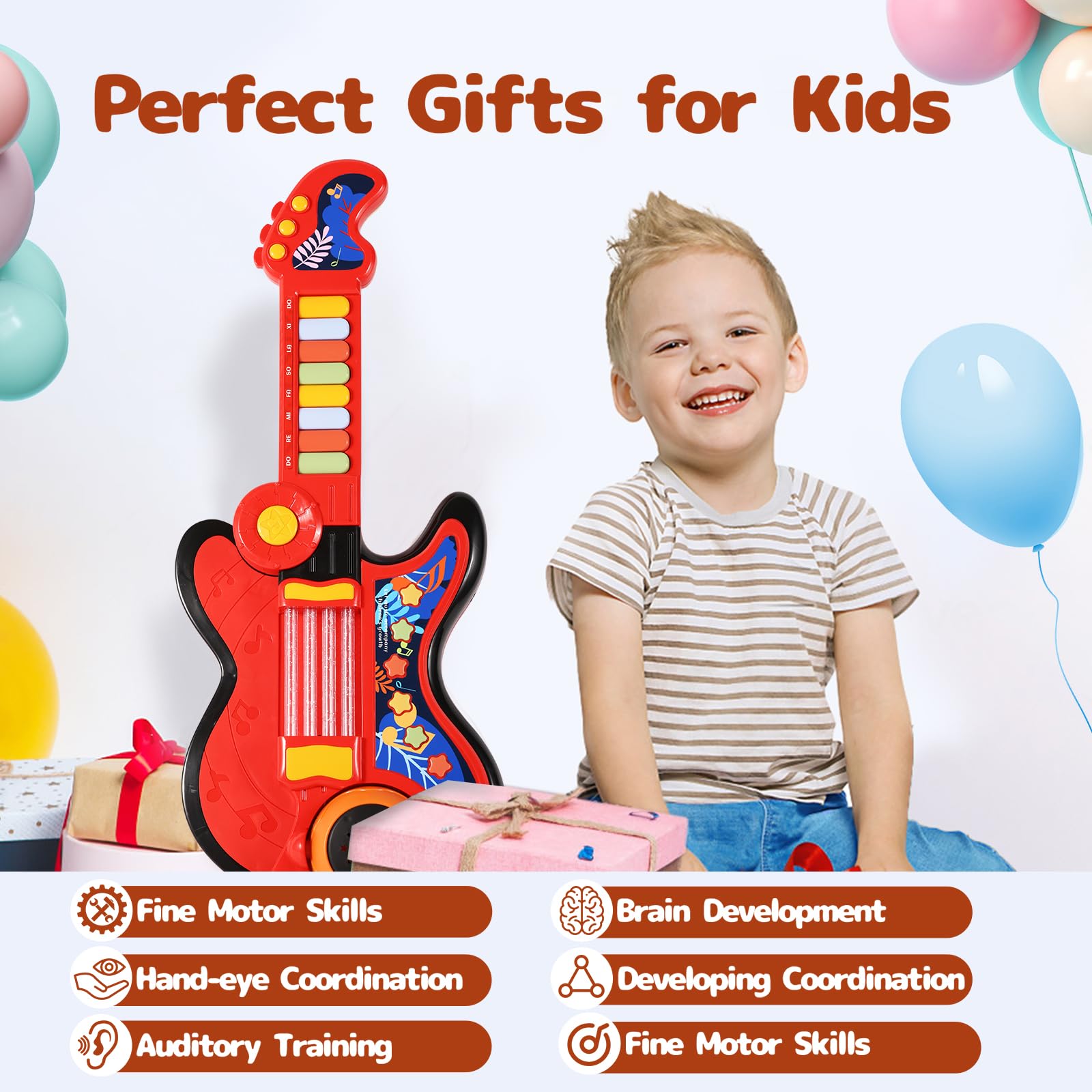 Guitarra para niños, guitarra y piano 4 en 1 para niños de 3 a 5 años con correa para niños de 2 a 4 años con proyector de canción de cuna, juguete de batería para niños de 3, 4, 5 años, regalo para 7