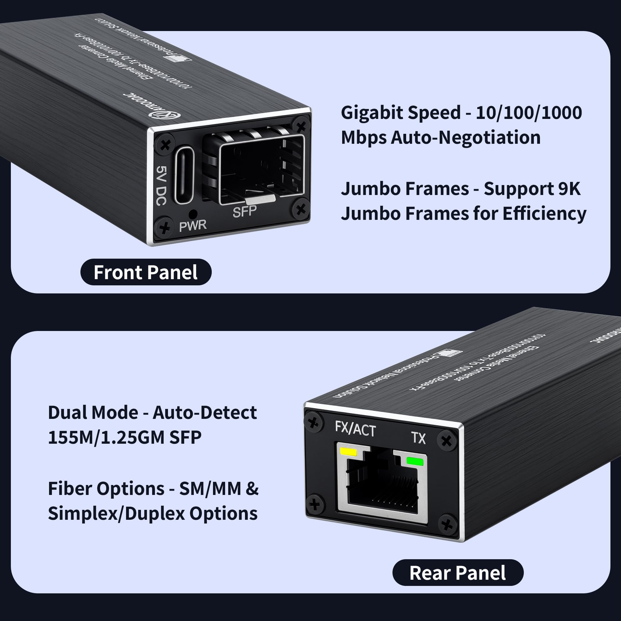1 paio di convertitori multimediali Gigabit Ethernet in fibra ottica singola, modulo doppio ricetrasmettitore, 1310 nm, 20 km, 1.25G SFP Slot a RJ45, compatibile con 100/1000BASE-SX