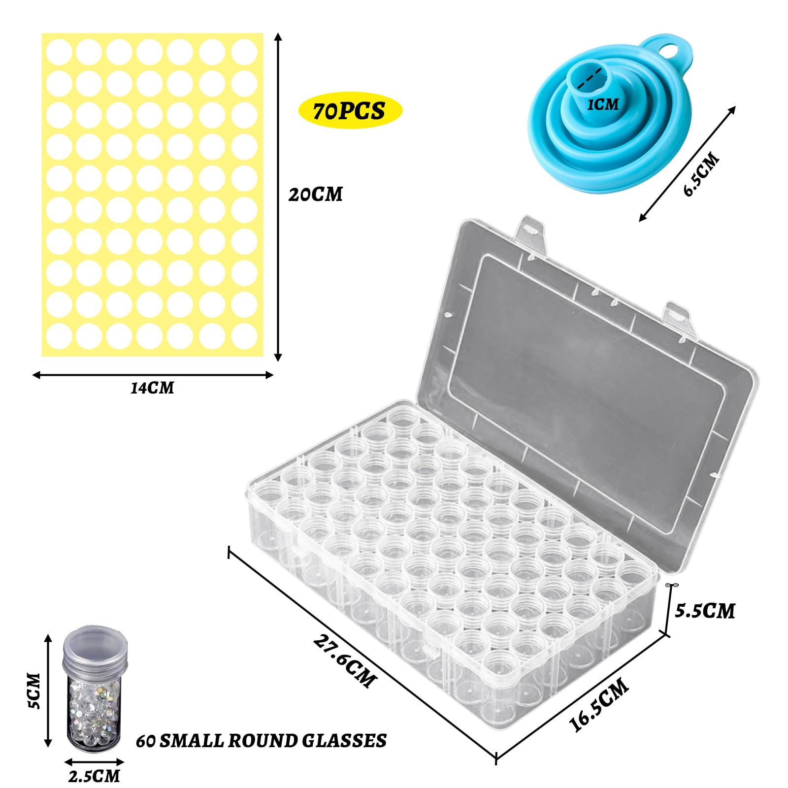 Kit Diamond Painting Organizer Contenitori per Pittura a Diamante da 60 Scomparti, Scatola Portaoggetti per Ricamo a Diamante con Etichette Adesive e Imbuti, per Perline, Strass