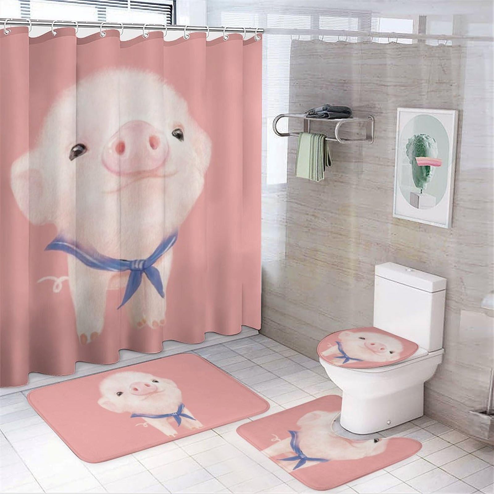 JZemdybill Bathroom Mat Set 4 Piece, Pink Pig Shower Curtain with Non-Slip Bath Mats for Bathroom