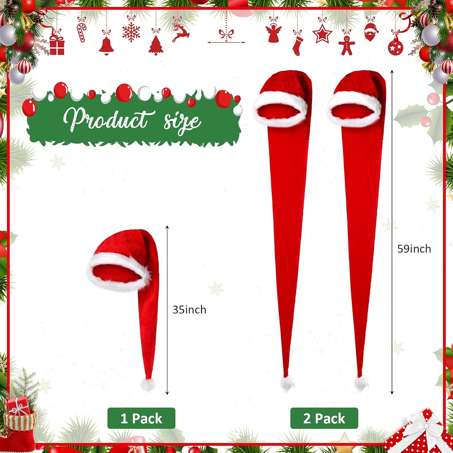 Threan 3 Pieces 59 & 35" Long Christmas Santa Hat Overlength White & Red Plush Santa Claus 2 Size Xmas Long-tail Cap for Women Men - Image 2