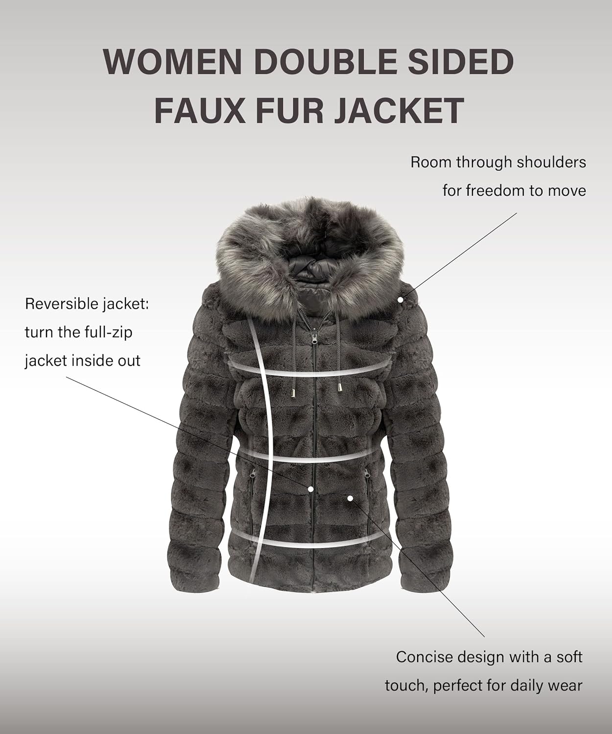 Bellivera Women Double Sided Faux Fur Jacket Spring and Winter Fashion Reversible Hood Puffer Coat with Fur Collar - Image 3