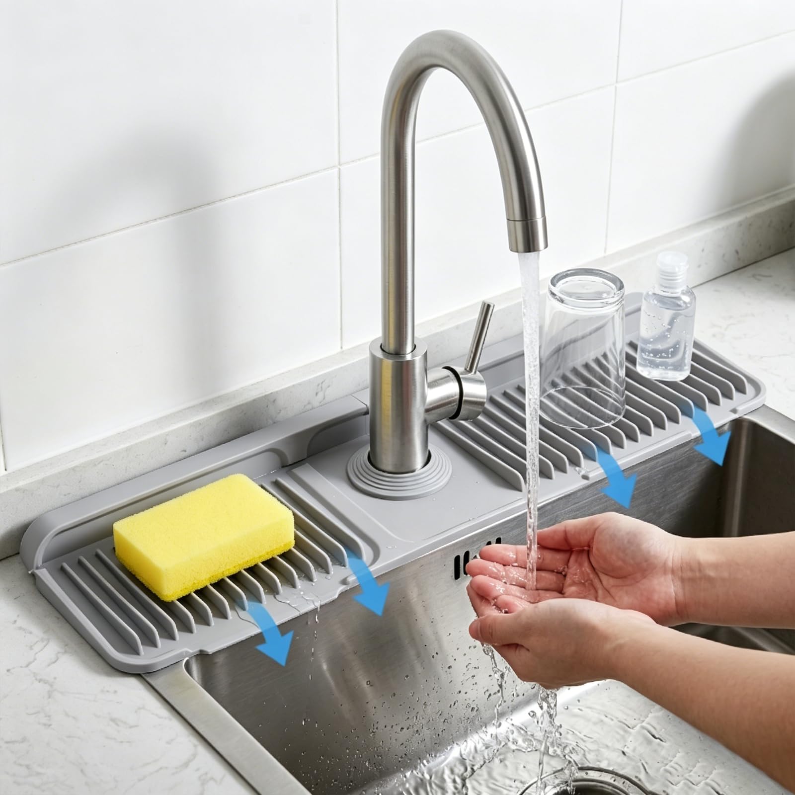 YISIHUICH Silicone Faucet Mat for Kitchen Sink – Self-Draining Sink Splash Guard, Water Splash Protector, Foldable Silicone Mat for Kitchen & Bathroom, Grey 61×14×2.1cm
