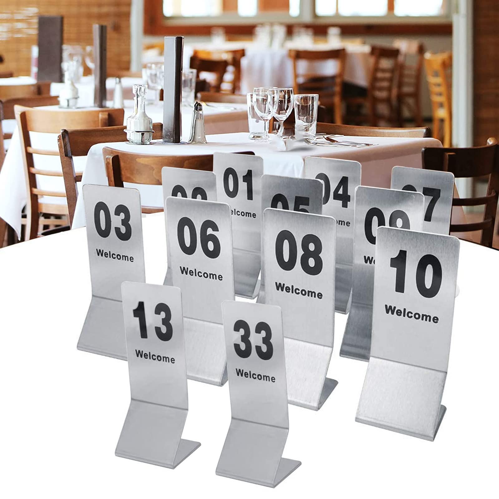 MYUYEE Restaurant Table Numbers 1-25 1-50 Stainless Steel Stackable Table Number Cards - Double Sided Digital Sign - For Cafes Bistros Weddings Banquets Table Number Place (45682-155 * 60Mm)