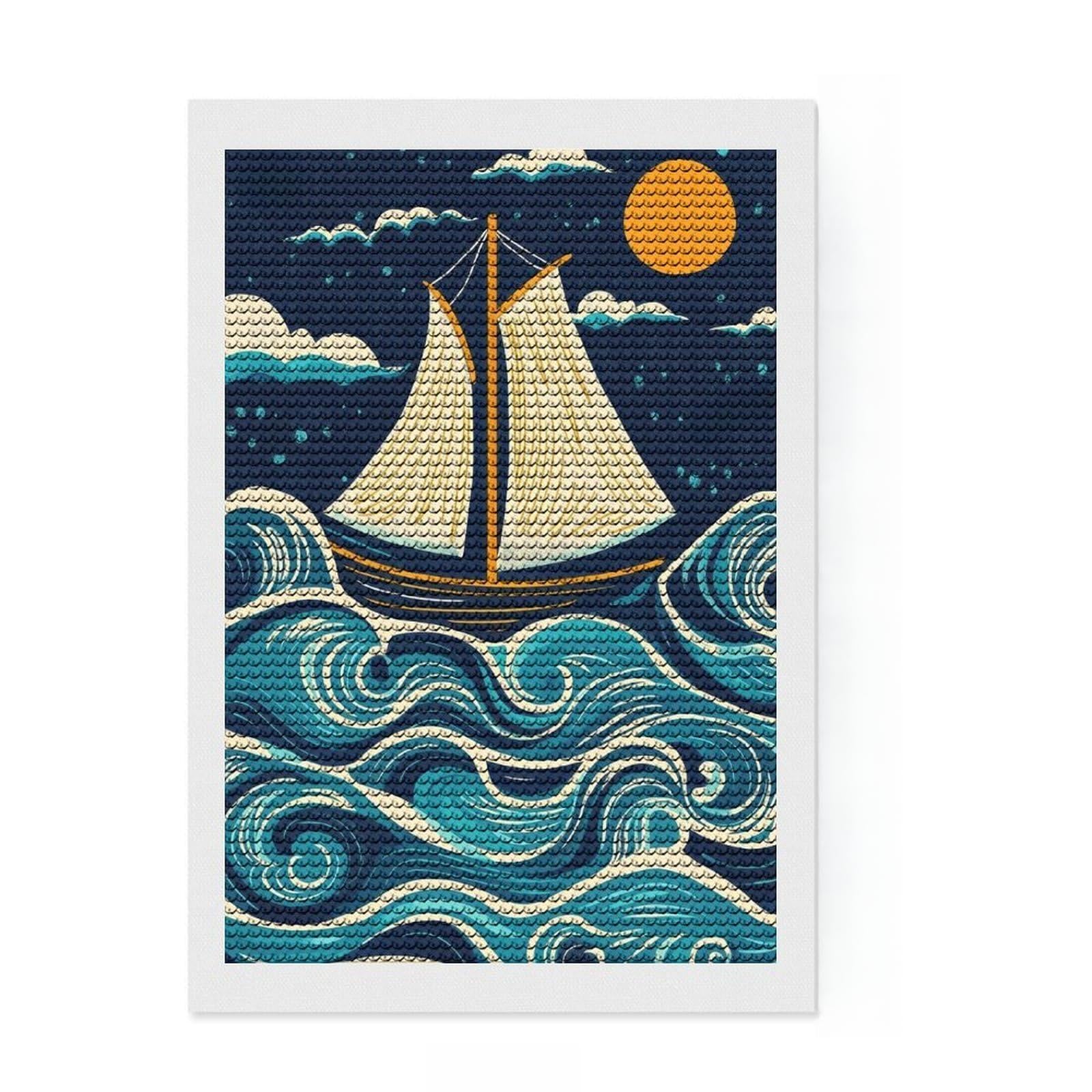 Junmoney Sailboat on The Waves DIY Diamond Art Canvas Kit 8"x12", Mindful Craft Activity, Calming Craft to Unwind, Vintage Style Decor