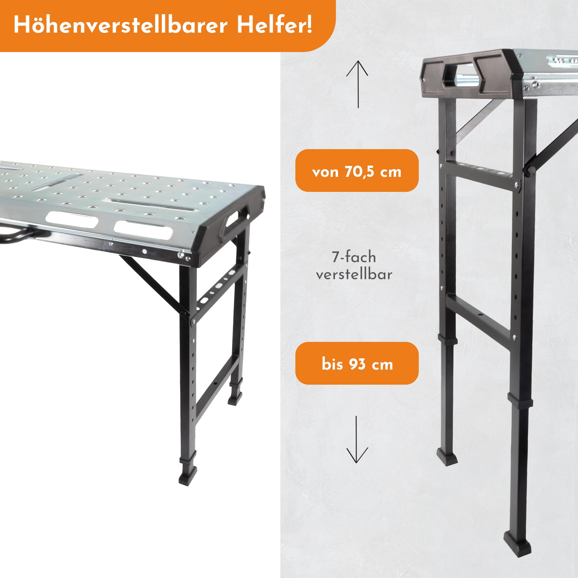Lemodo Schweißtisch klappbar – Mobile Werkbank aus Stahl, 7-Fach höhenverstellbar, belastbar bis 450 kg, neigbare Arbeitsplatte, kompakt Faltbarer Werkzeugtisch für Werkstatt, Garage und Baustelle