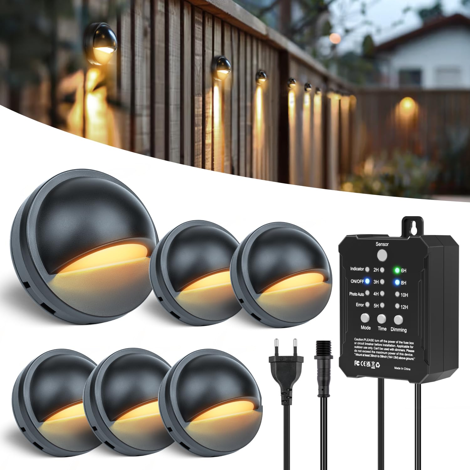 HIBOITEC 6 Stück Dimmbare Zaunbeleuchtung mit Strom, Fotozellensensor ＆ Timer Gartenbeleuchtung mit Transformator, IP67 Wasserdichte Zaunleuchten für Außen Terrasse Treppenbeleuchtung (Warmweißes)