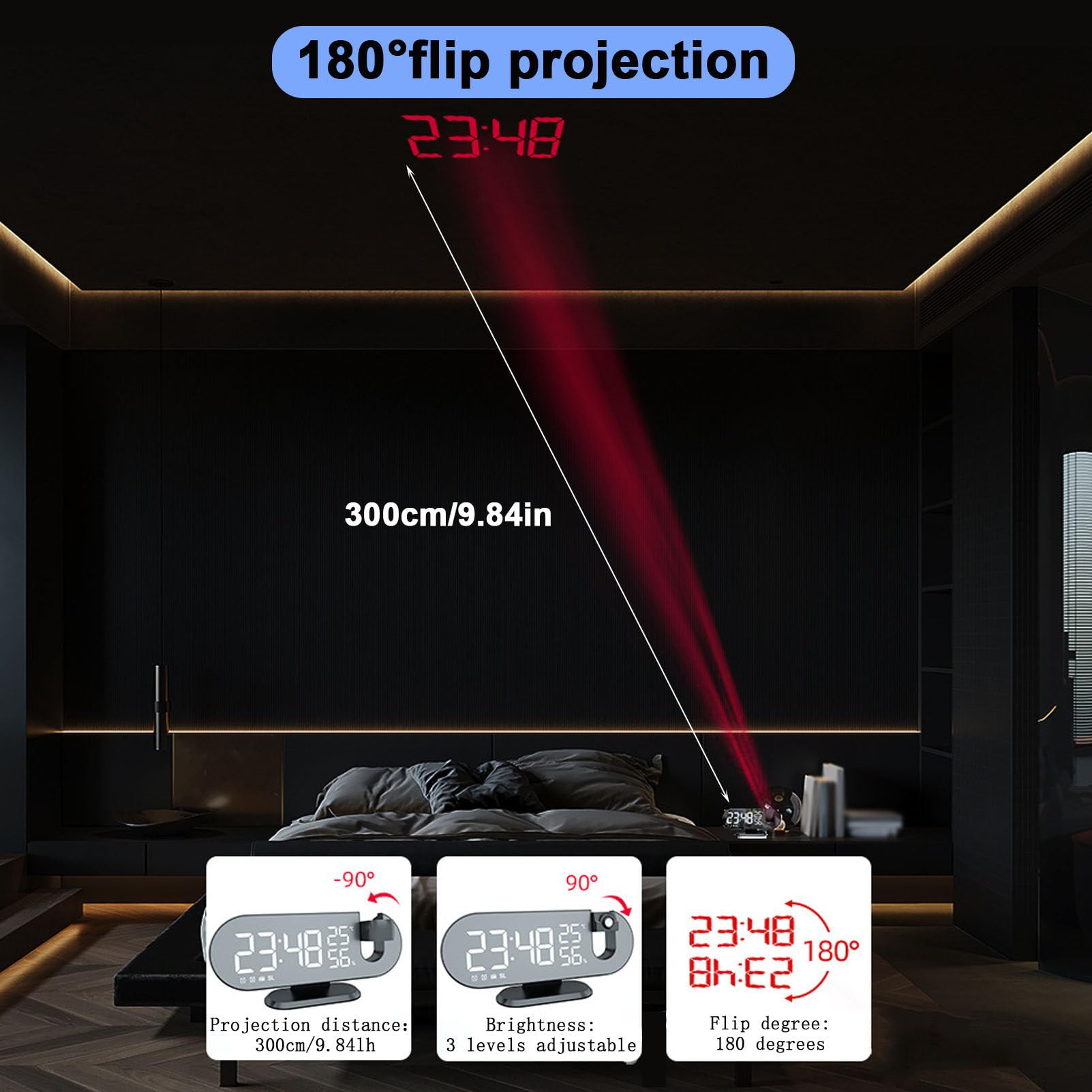 Reloj despertador de proyección con radio FM, reloj digital con puerto de carga USB, función de repetición, pantalla LED de espejo, brillo ajustable para dormitorios