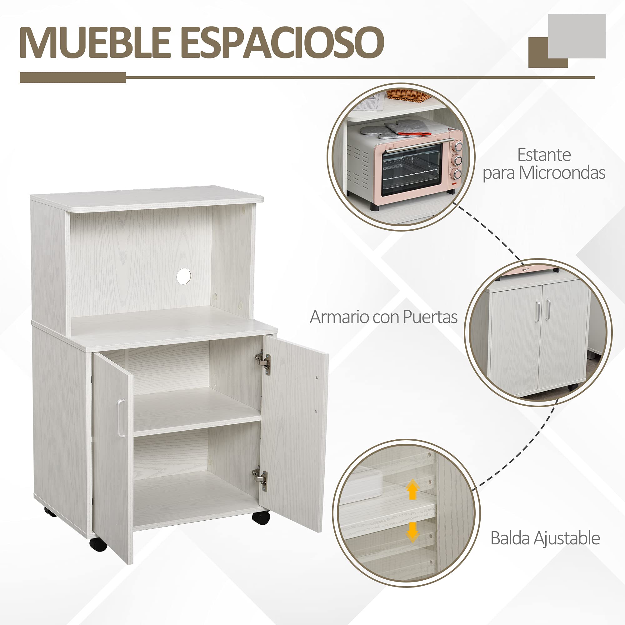 HOMCOM Aparador Auxiliar para Microondas con Ruedas 60,4x40,3x97 cm Blanco | Armario Bajo de Cocina, Armario de 2 Puertas, Estante Ajustable, Carga 70 kg