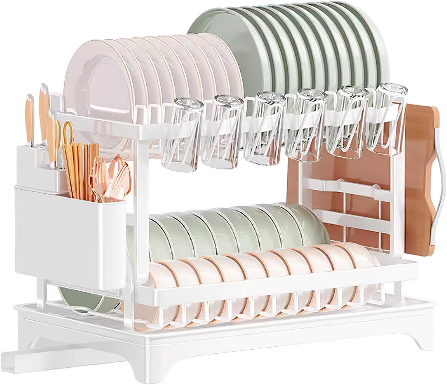 Rness Dish Drying Stand Rack, 2-Tier Kitchen Storage Organizer With Cup Holder, Drainage System, Large Capacity,White